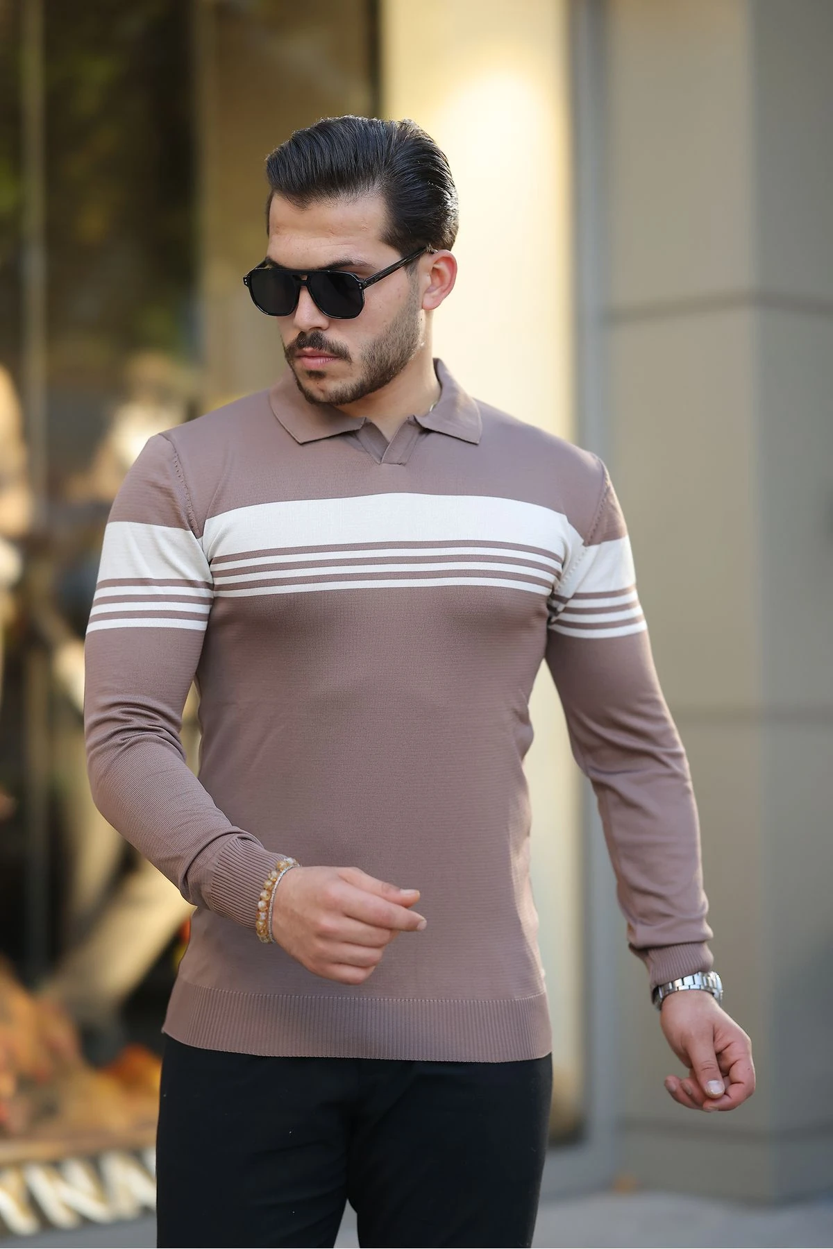 Erkek Çizgili Düğmesiz Gömlek Yaka Triko Kazak