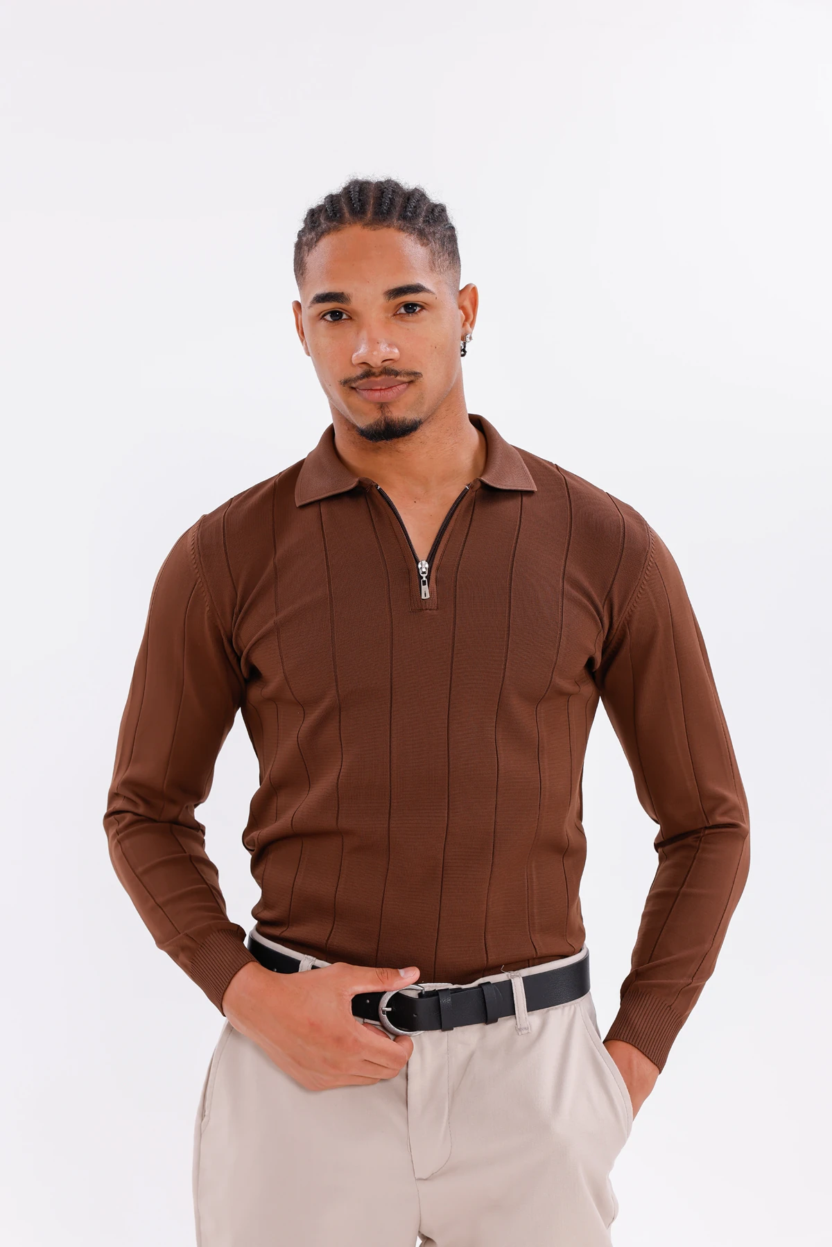 Monox Erkek Yarım Fermuarlı Polo Yaka Triko Kazak - Kahverengi