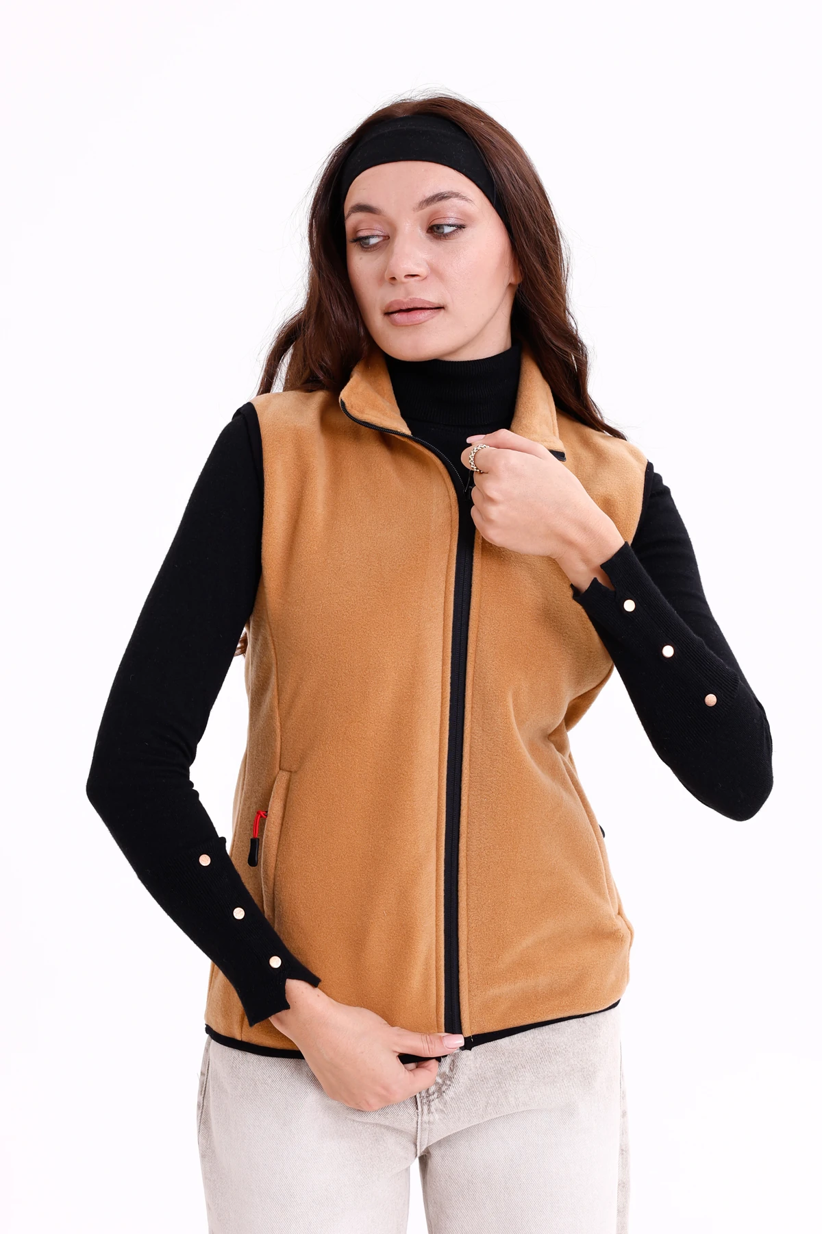 Monox Kadın Slim Fit Tam Fermuarlı Polar Yelek - Kahve