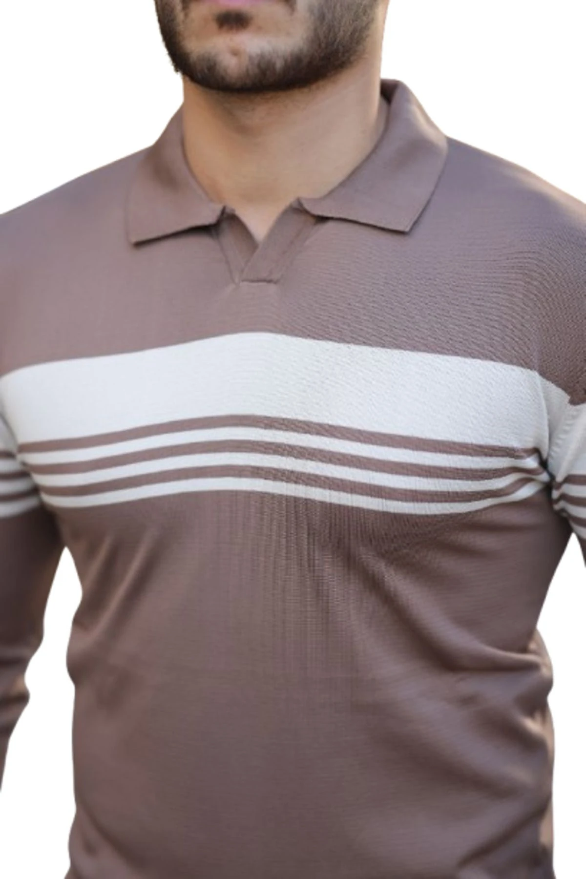 Erkek Çizgili Düğmesiz Gömlek Yaka Triko Kazak