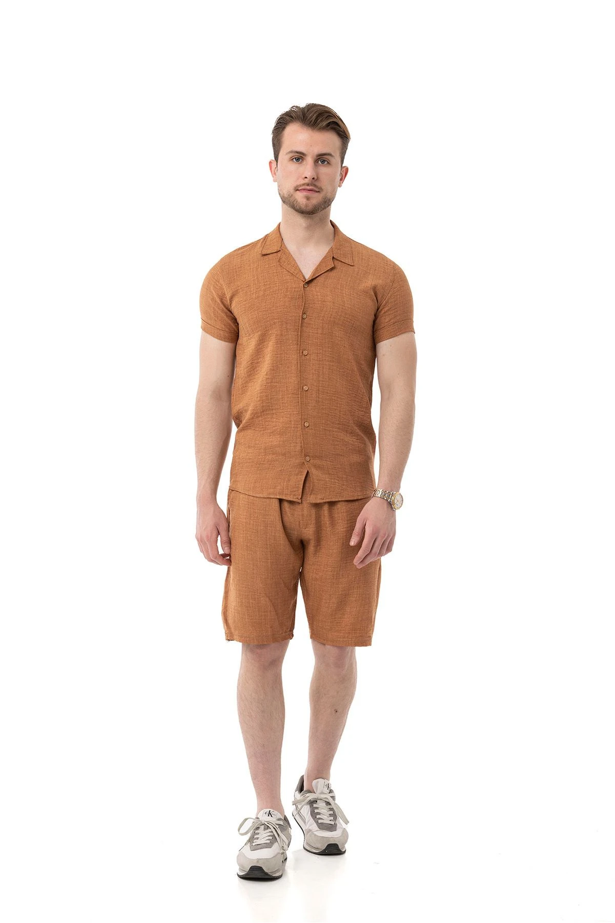 Erkek Mekanik Keten Gömlekli Şortlu Takım - Kahve