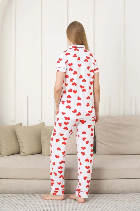 Monox Kadın Önden Düğmeli Kısa Kol Likralı Kalp Baskılı Pijama Takımı