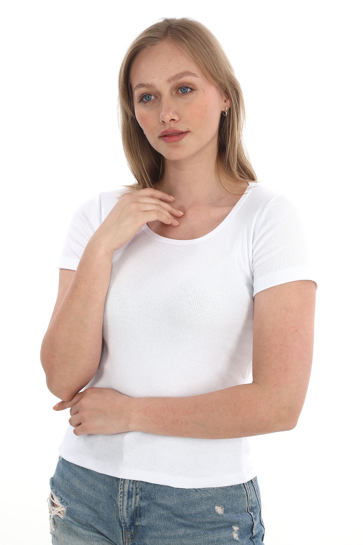 Kadın Fitilli Likralı Pamuk Basic Tshirt