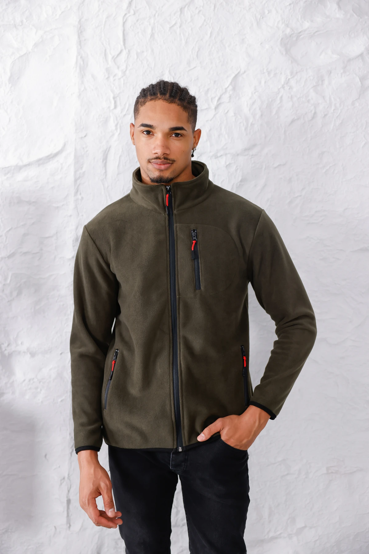 Monox Erkek Biyeli Fermuarlı Spor Polar Ceket - Haki