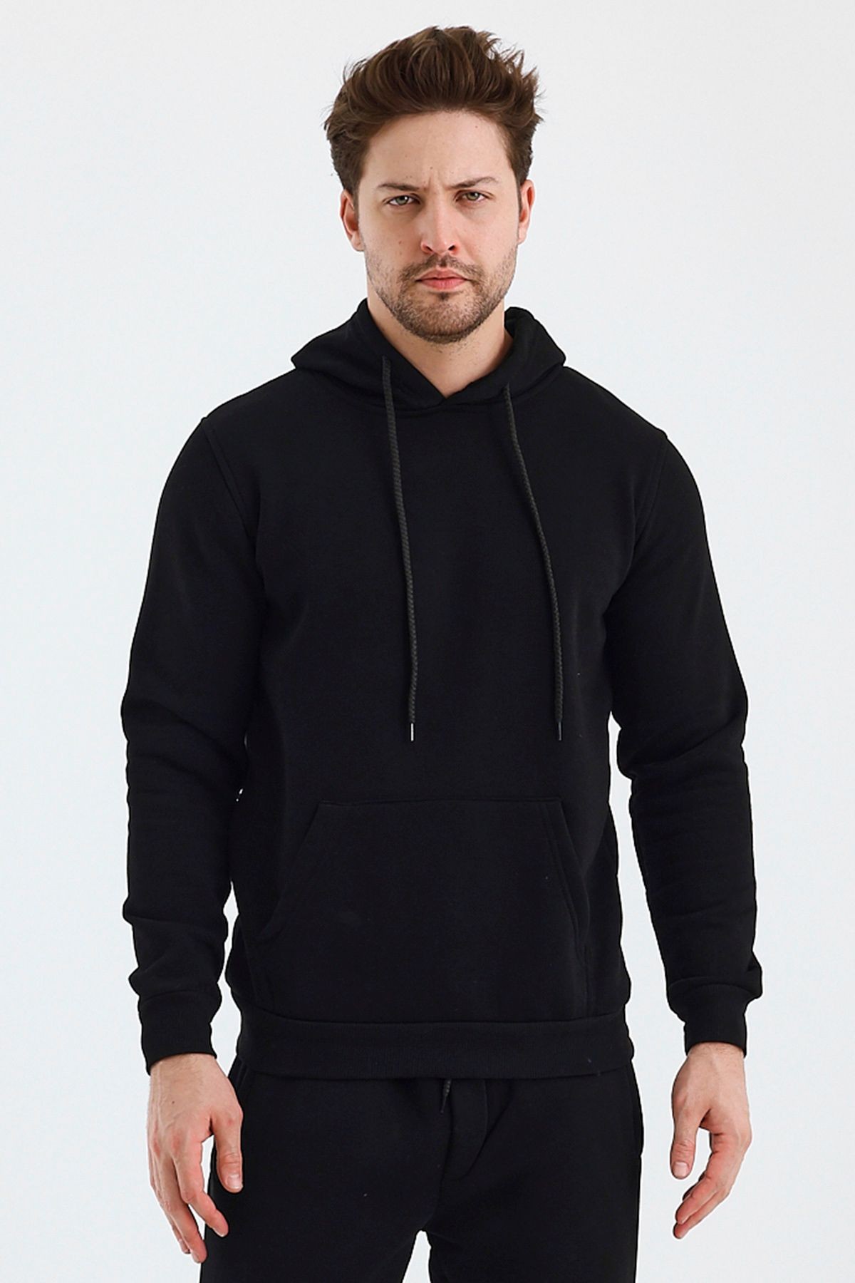 Erkek Kapşonlu 3 İplik Sweatshirt - Siyah