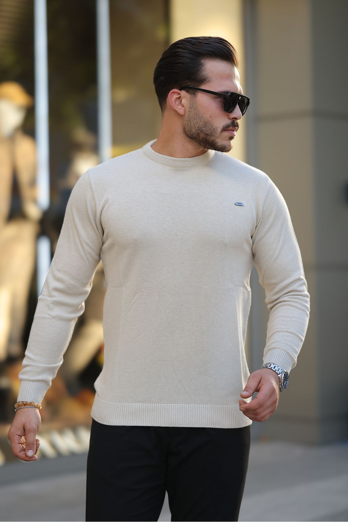 Erkek Pamuk Simit Yaka Triko Kazak - Bej