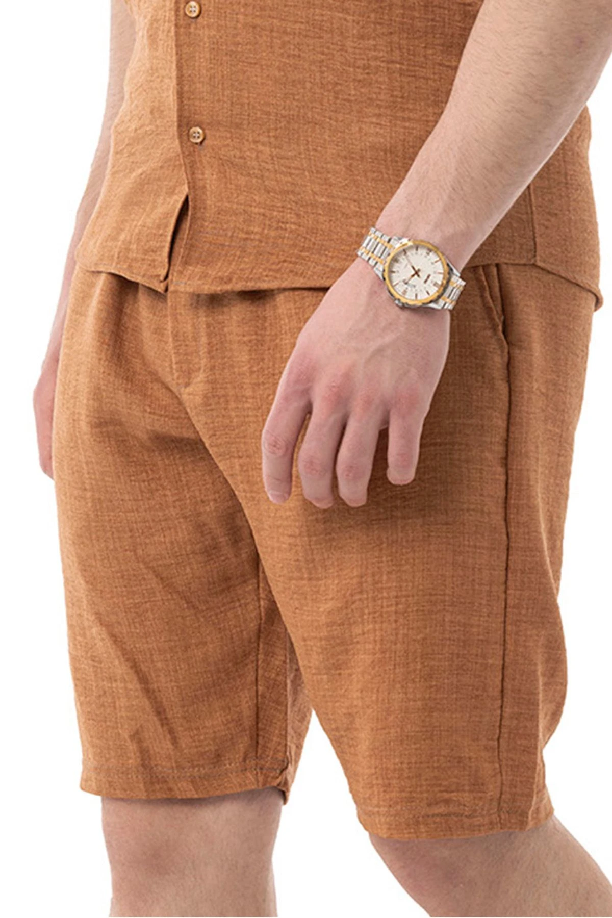 Erkek Mekanik Keten Şort - Kahve