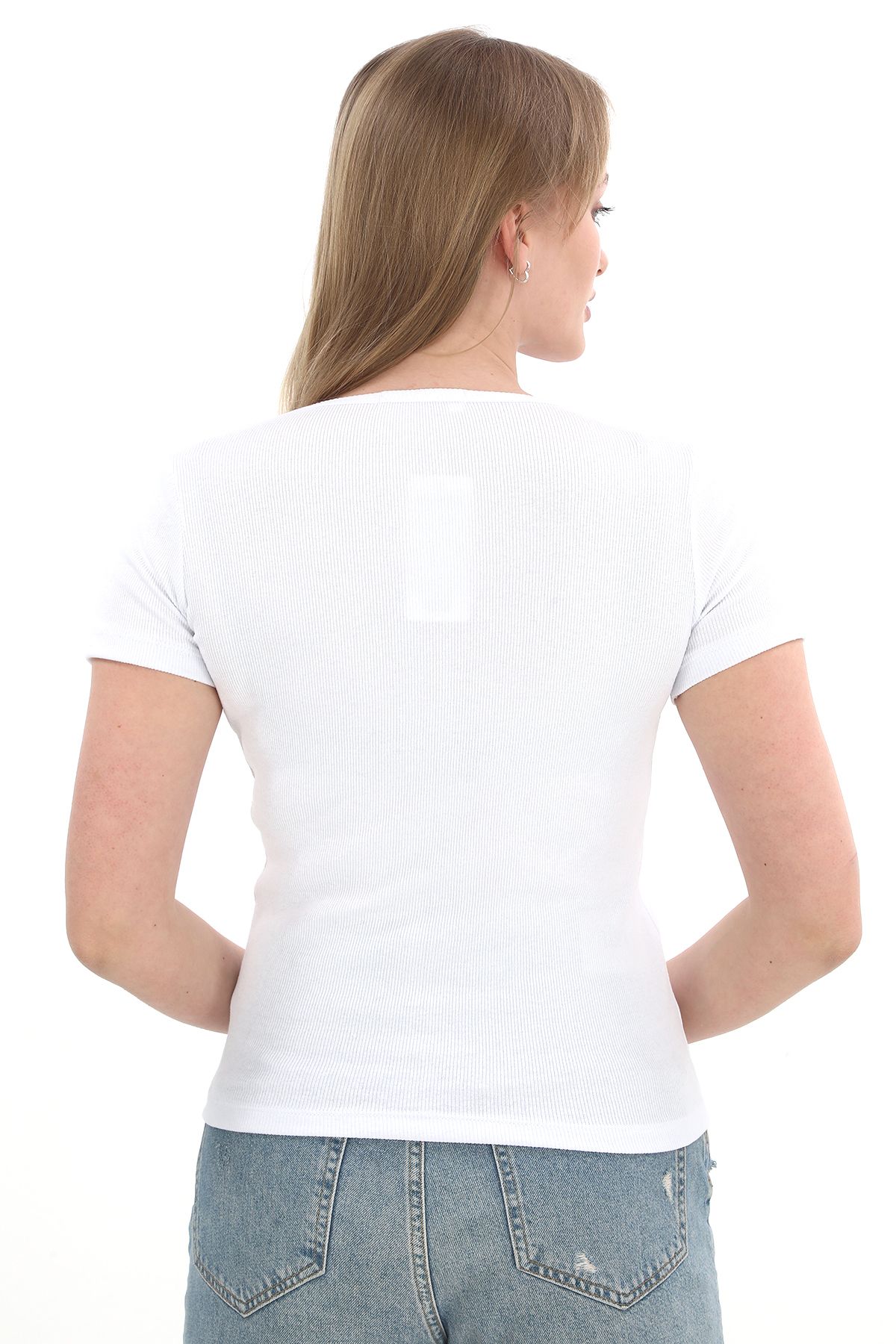 Kadın Fitilli Likralı Pamuk Basic Tshirt