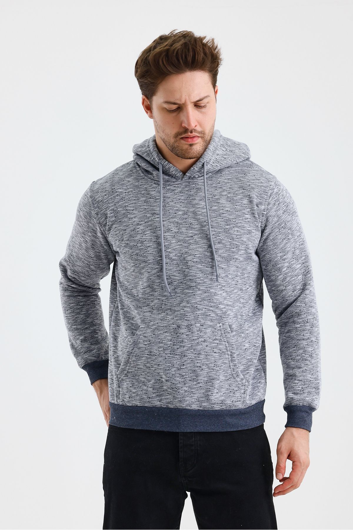 Erkek Kapşonlu Kırçıllı 3 İplik Sweatshirt
