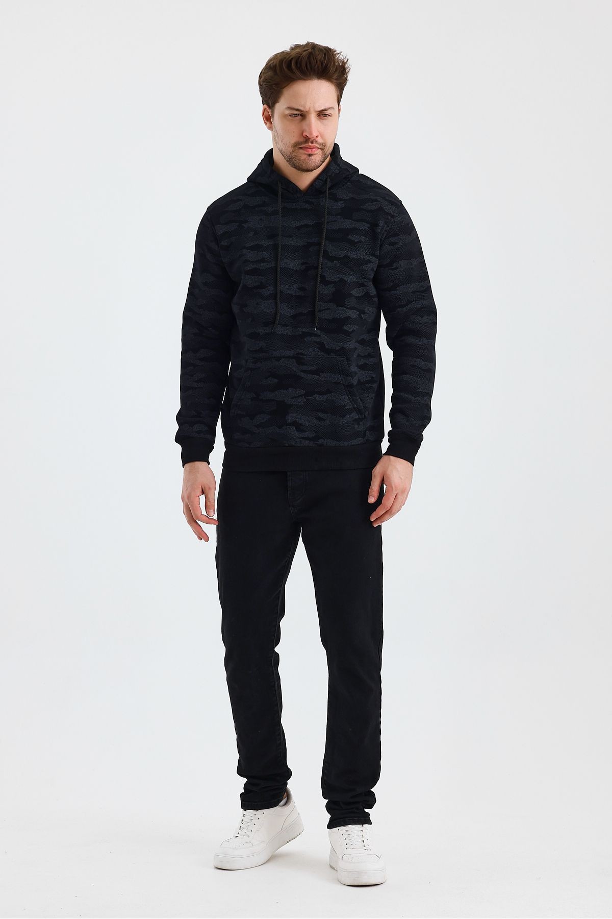 Erkek Kapşonlu Kamuflaj Baskılı 3 İplik Sweatshirt