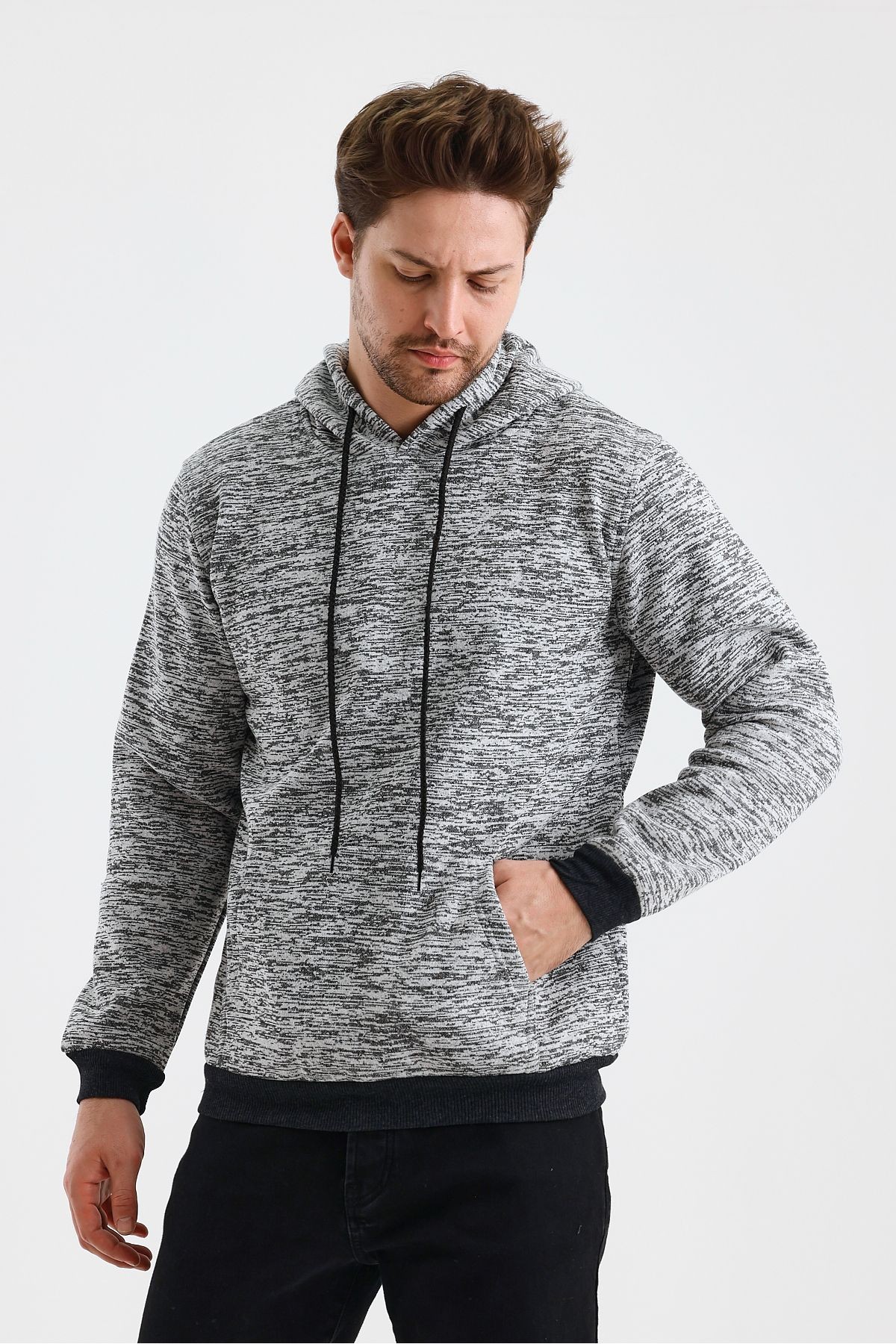 Erkek Kapşonlu Kırçıllı 3 İplik Sweatshirt