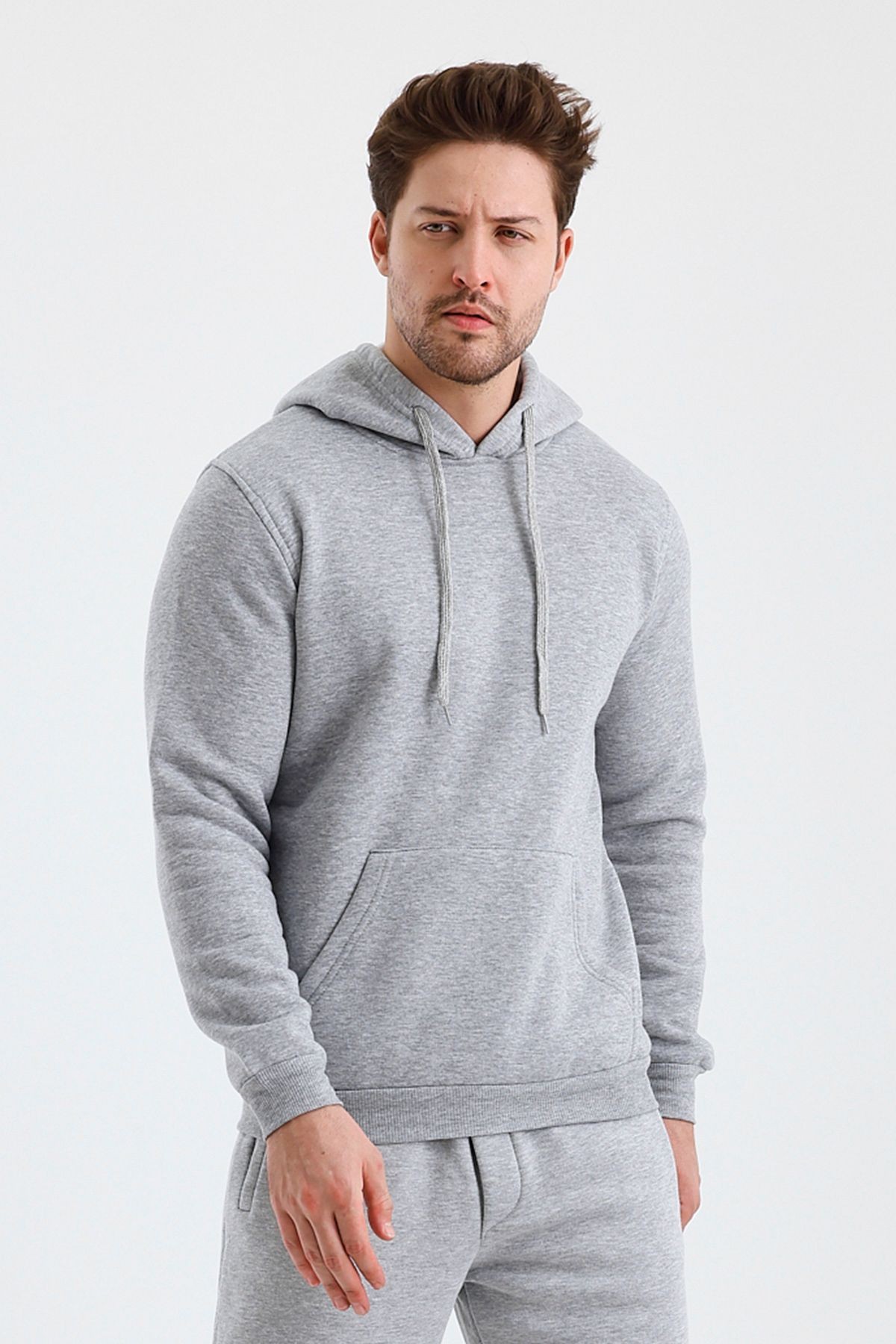 Erkek Kapşonlu 3 İplik Sweatshirt - Gri