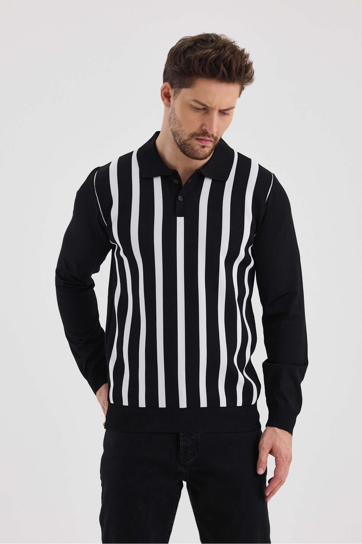 Erkek Polo Yaka Çizgili Triko Kazak