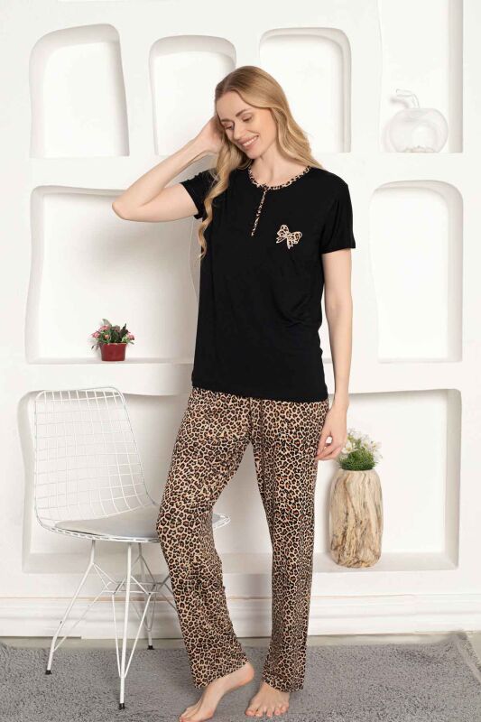 Monox Kadın Leopar Baskı Kısa Kol Uzun Alt Pijama Takımı
