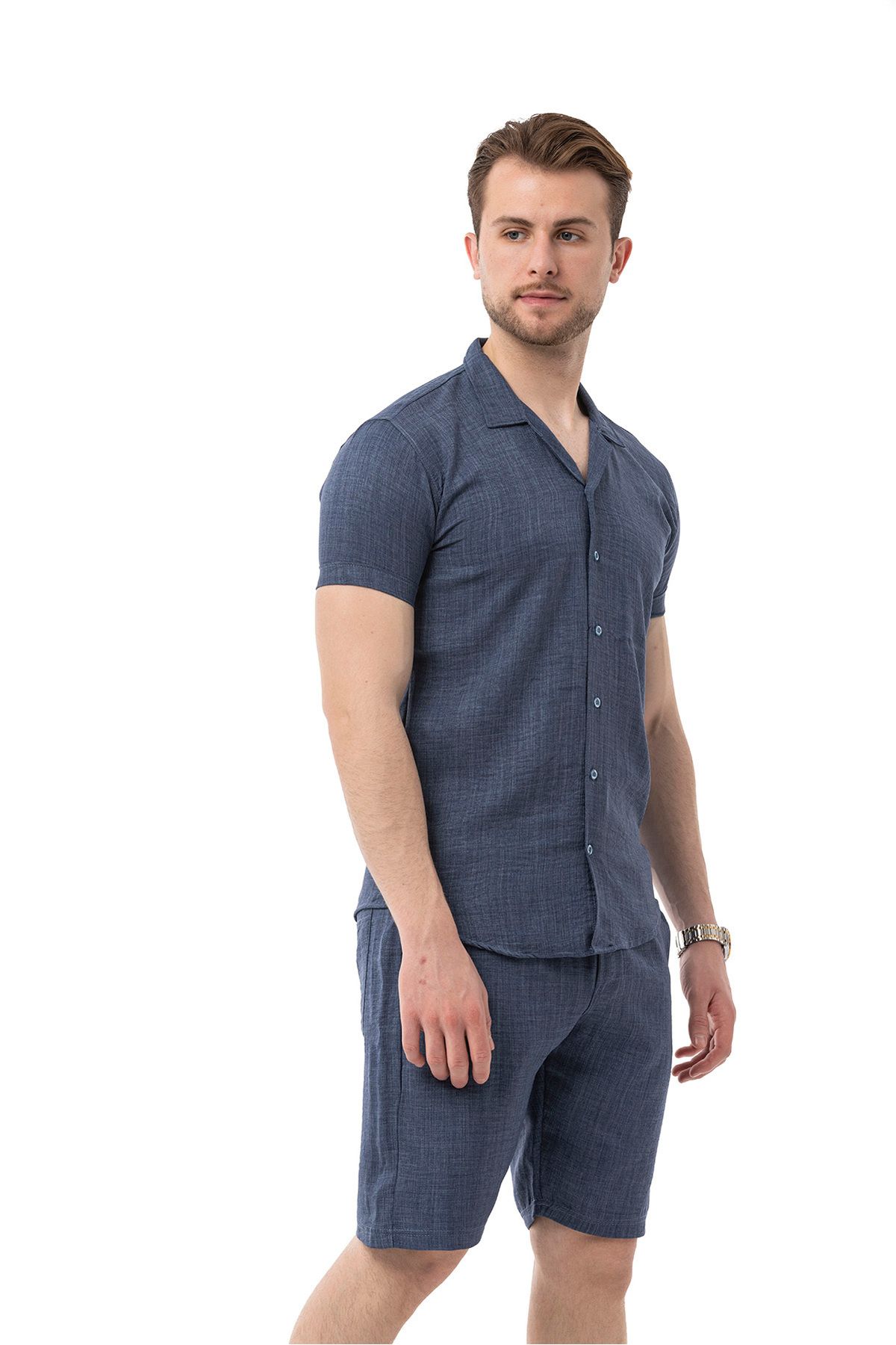 Erkek Mekanik Keten Gömlekli Şortlu Takım