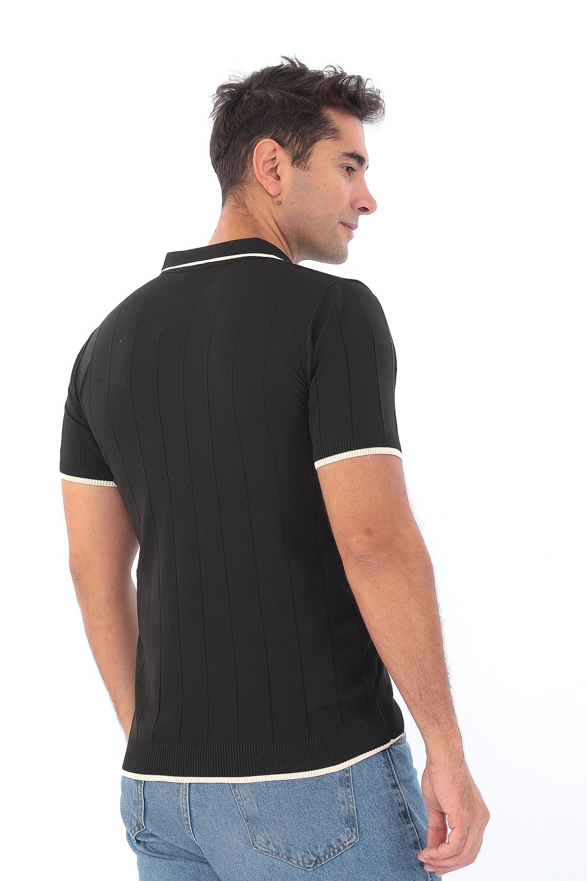 Erkek Polo Yaka Fermuarlı Çizgili Spor Yazlık Triko Tişort