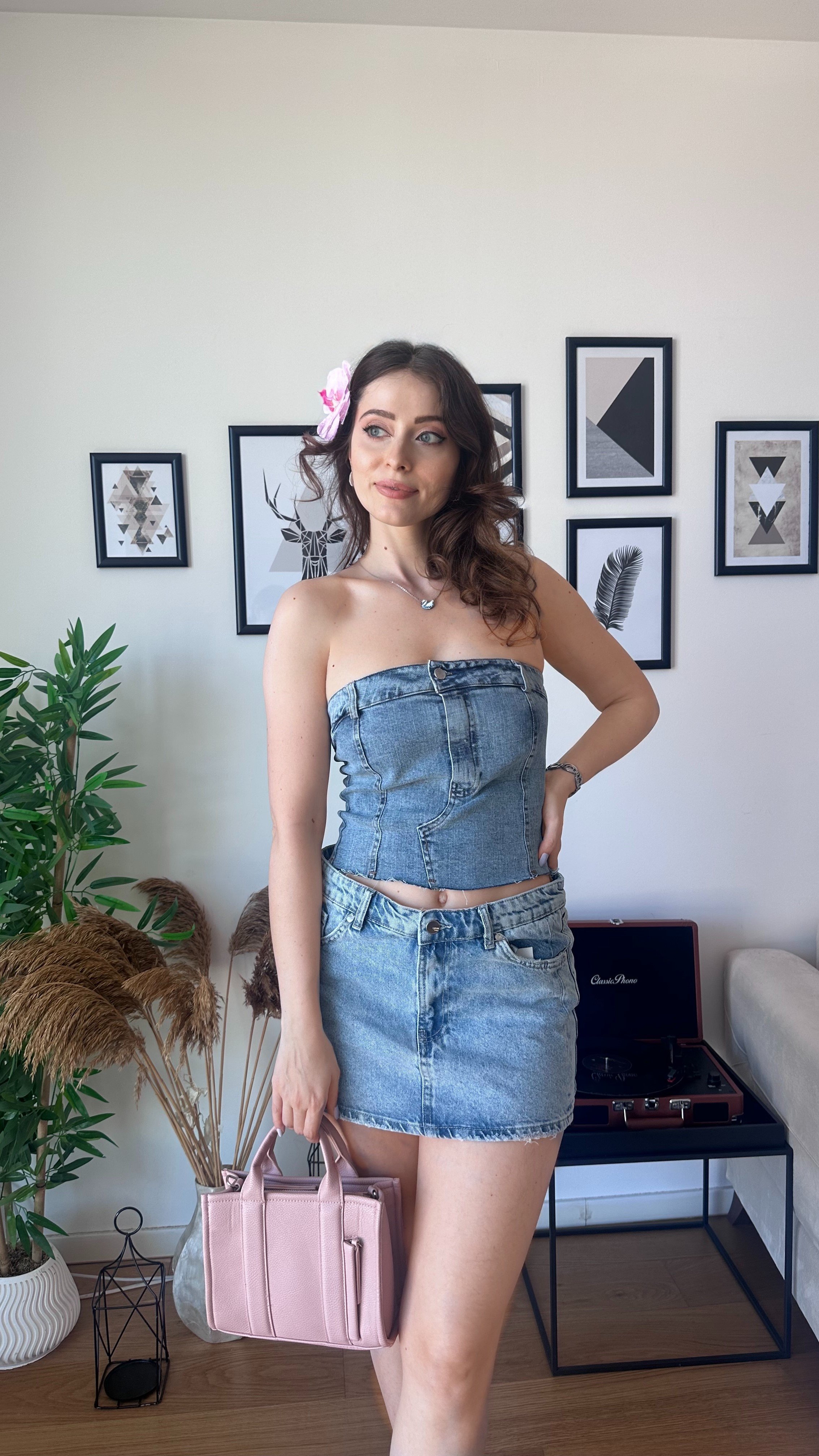 Düğme Detaylı Denim Straplez Bluz