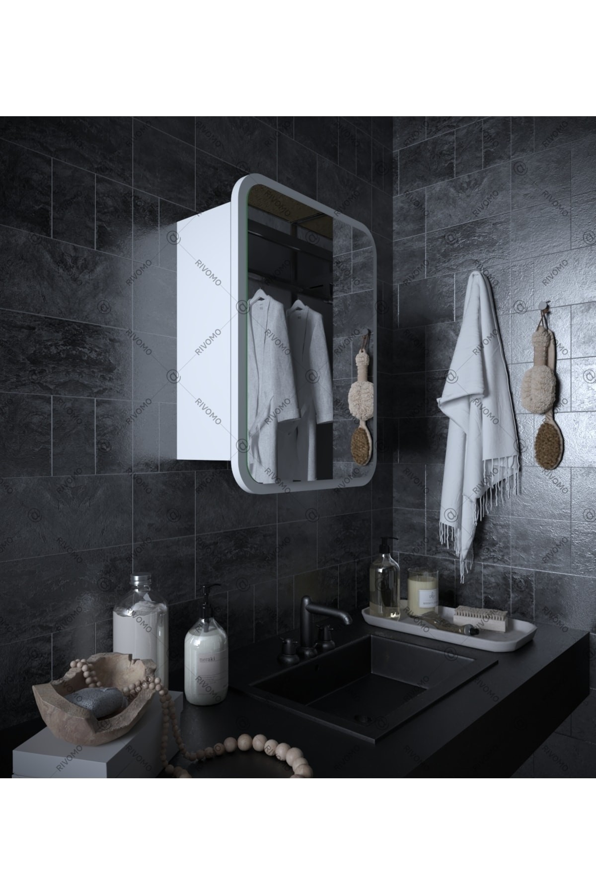 Rivomo Beyaz Oval Dekorasyon Banyo Dolabı