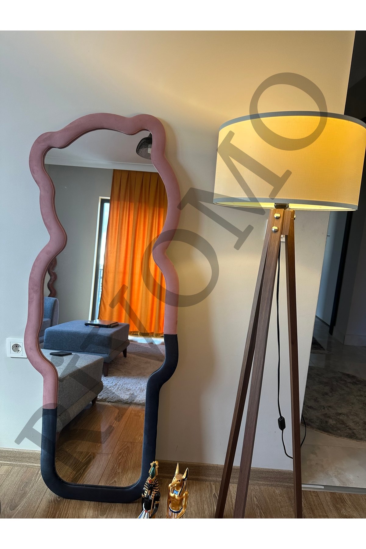 Rivomo Çift Renk Kumaşlı Ayıcık Pembe-Antrasit 150x60 Dekoratif Boy Aynası