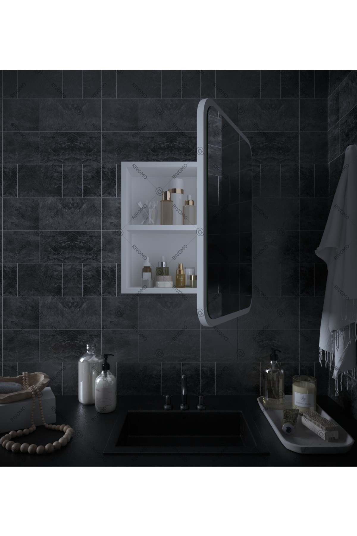 Rivomo Beyaz Oval Dekorasyon Banyo Dolabı