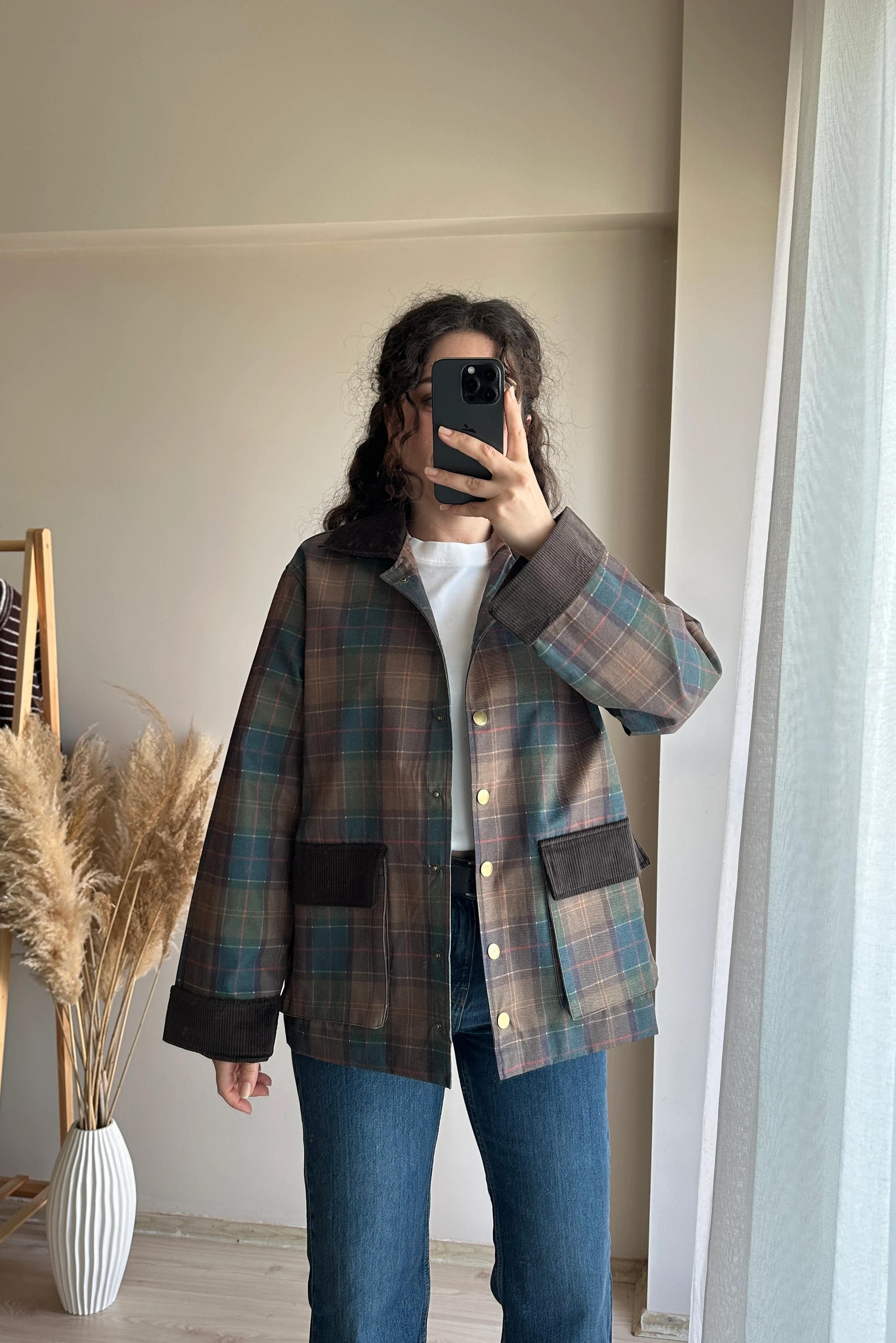 Kadife Detaylı Ekose Ceket - Yeşil