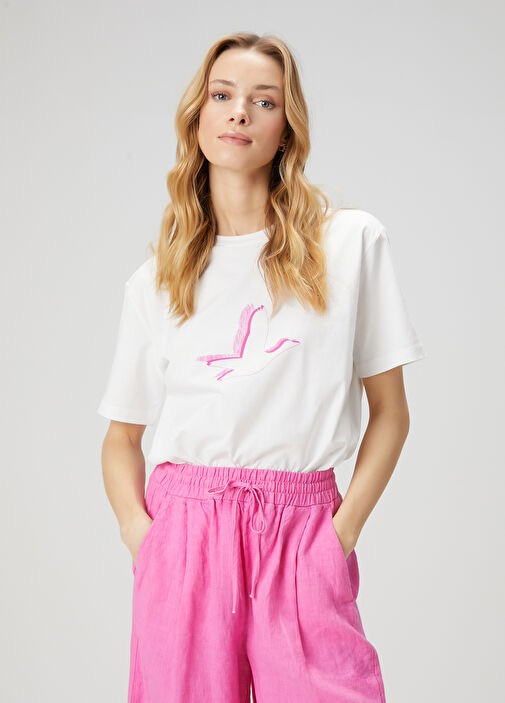 Kuş Baskılı %100 Pamuk Tshirt - Pembe
