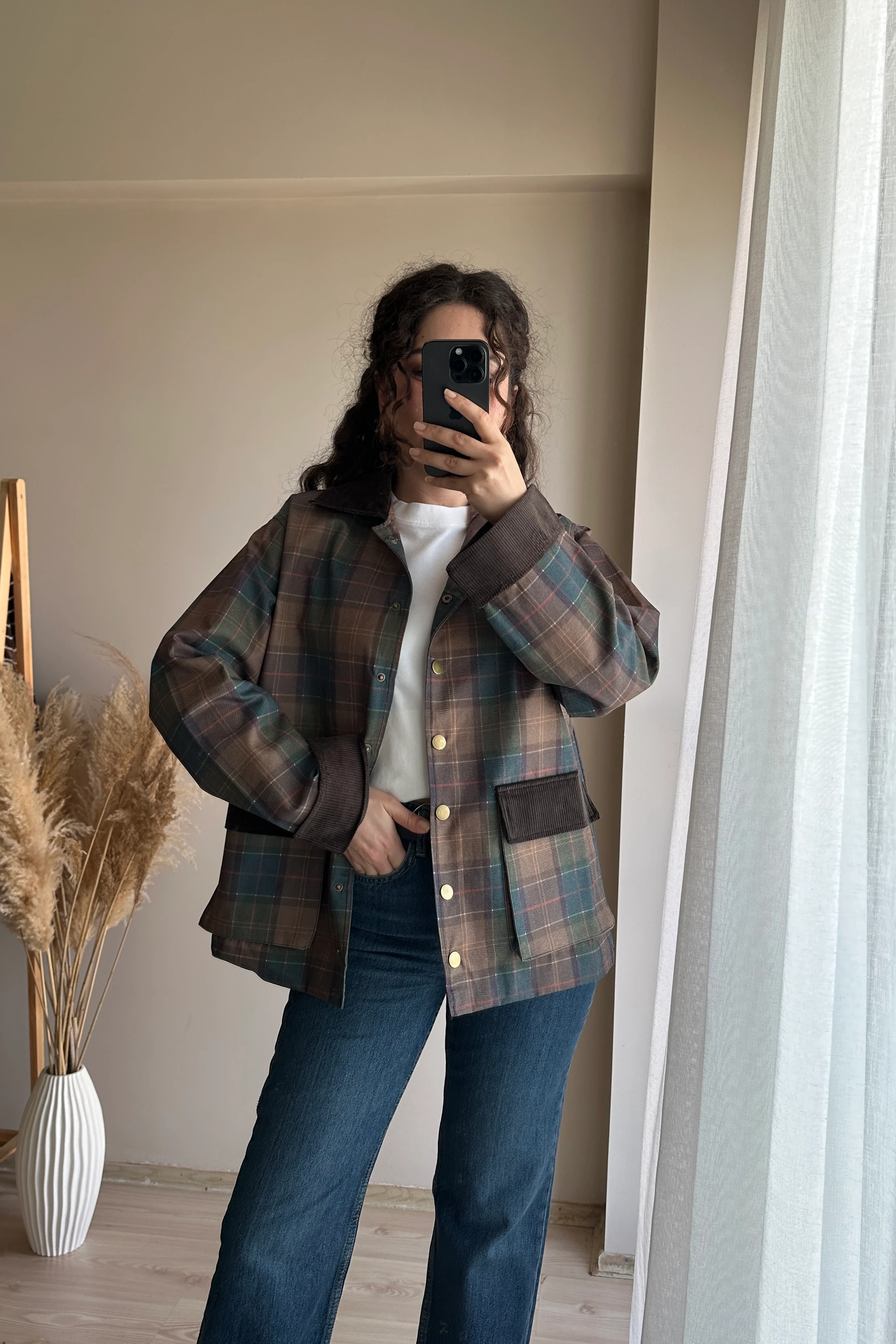 Kadife Detaylı Ekose Ceket - Yeşil