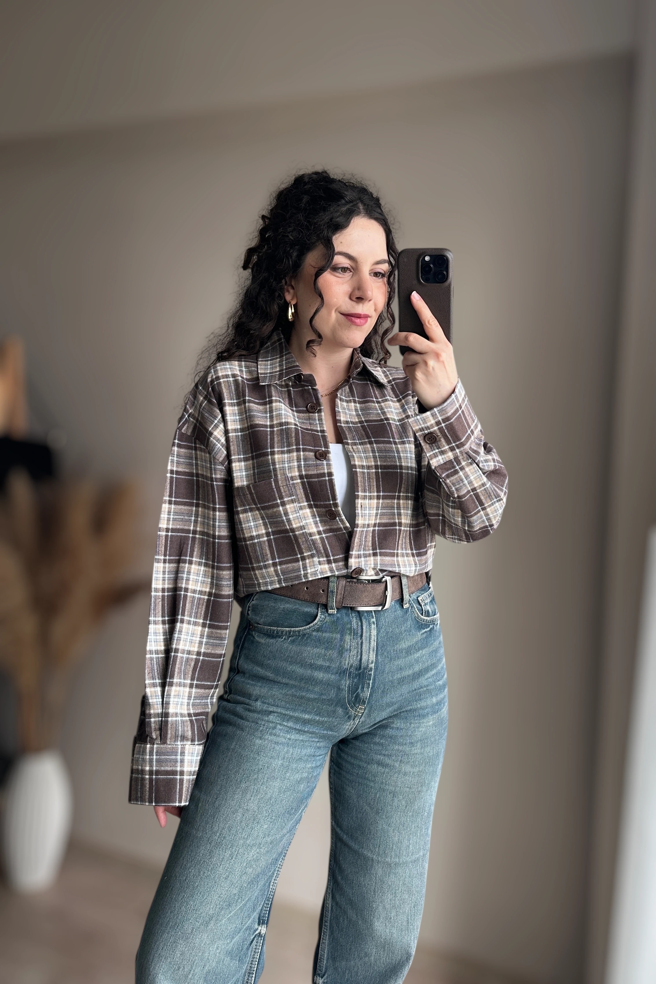 Ekose Oversize Gömlek - Açık Kahve