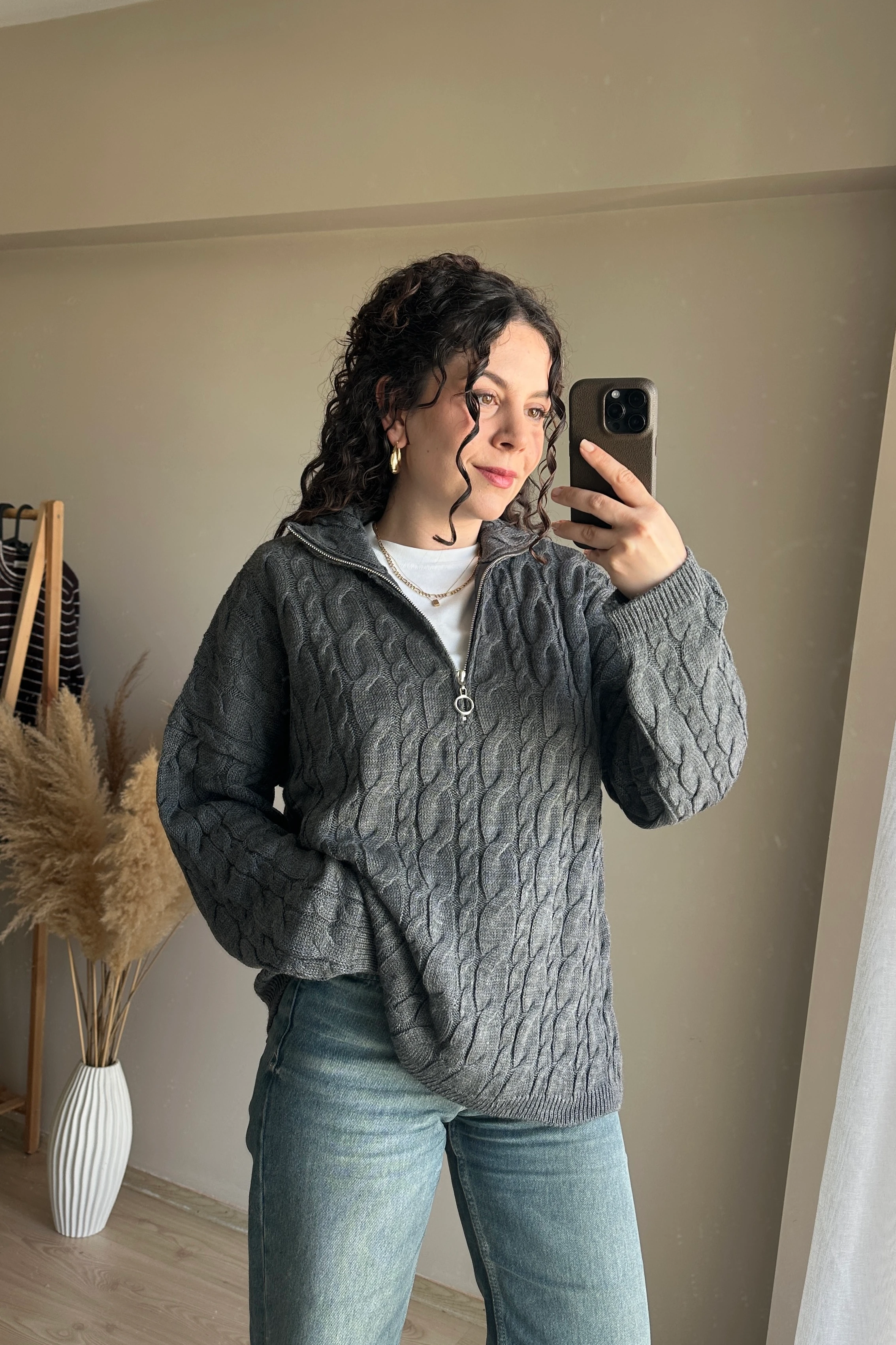 Yarım Fermuarlı Saç Örgü Oversize Kazak