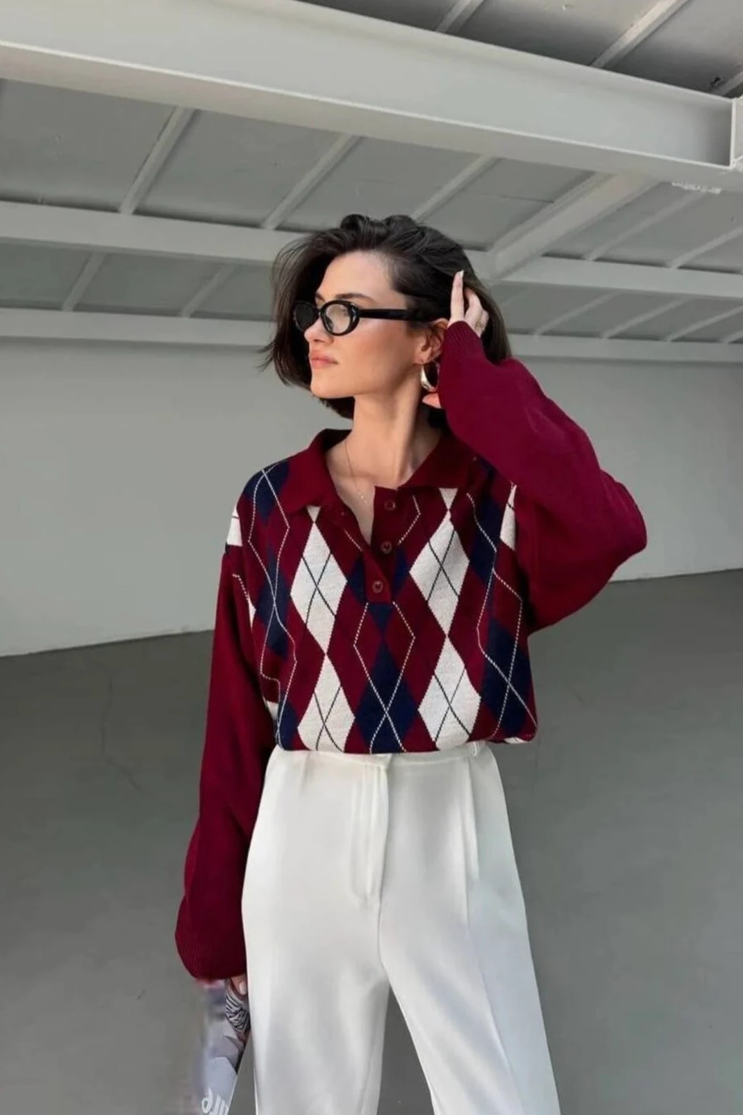 Baklava Desenli Polo Yaka Kazak