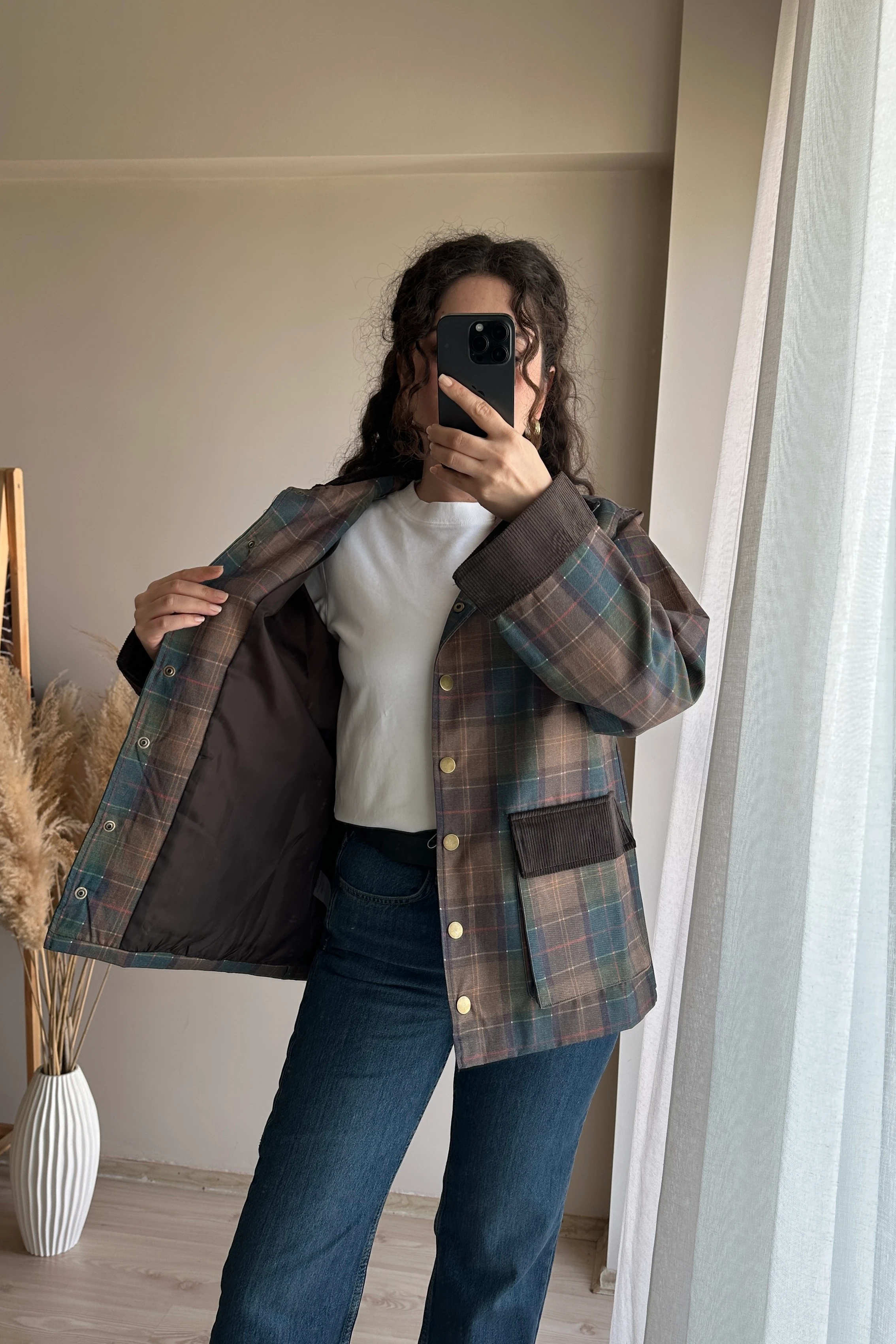 Kadife Detaylı Ekose Ceket - Yeşil