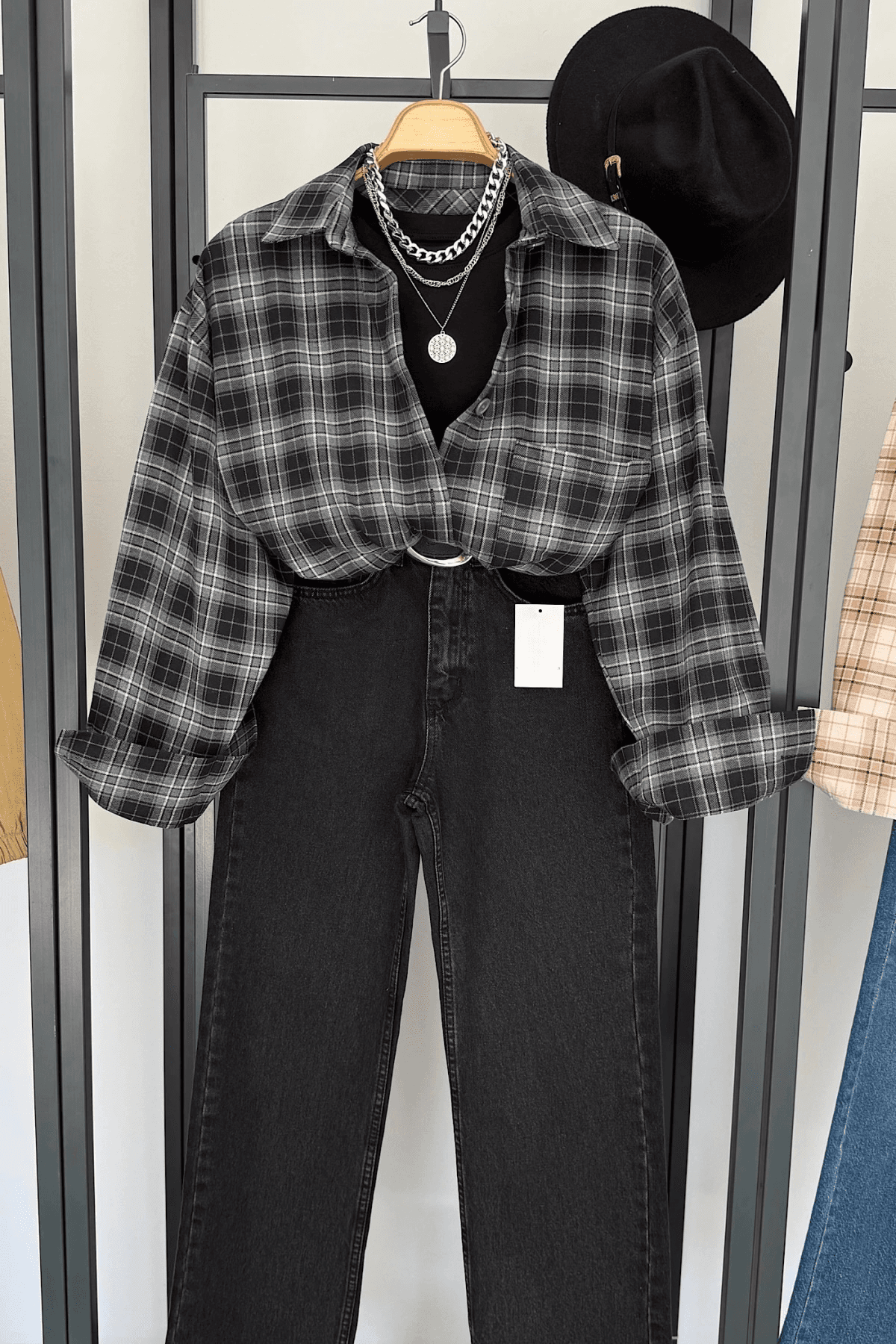 Ekose Oversize Gömlek - Siyah