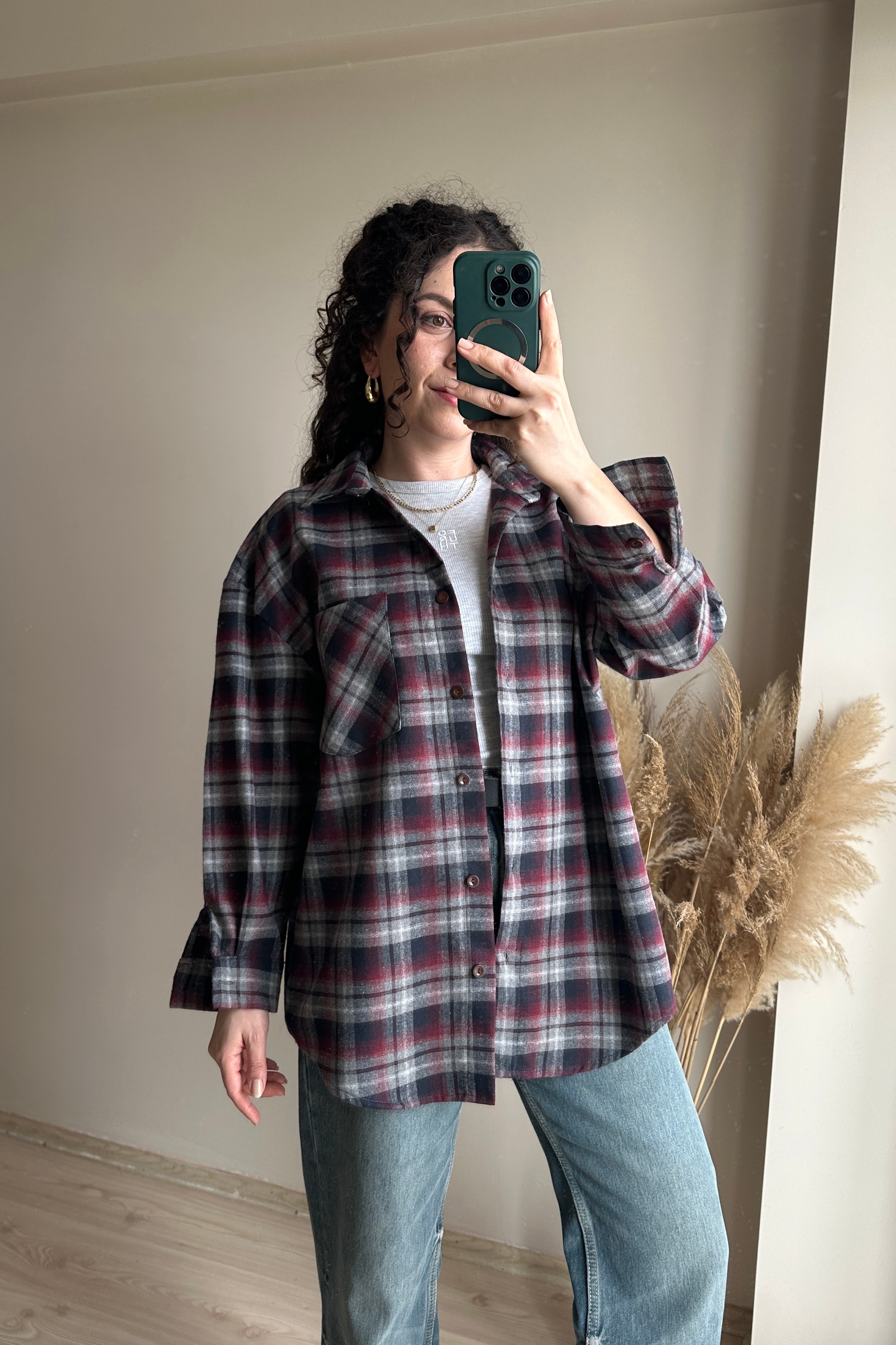 Ekose Oversize Gömlek - %100 Pamuk - Gri