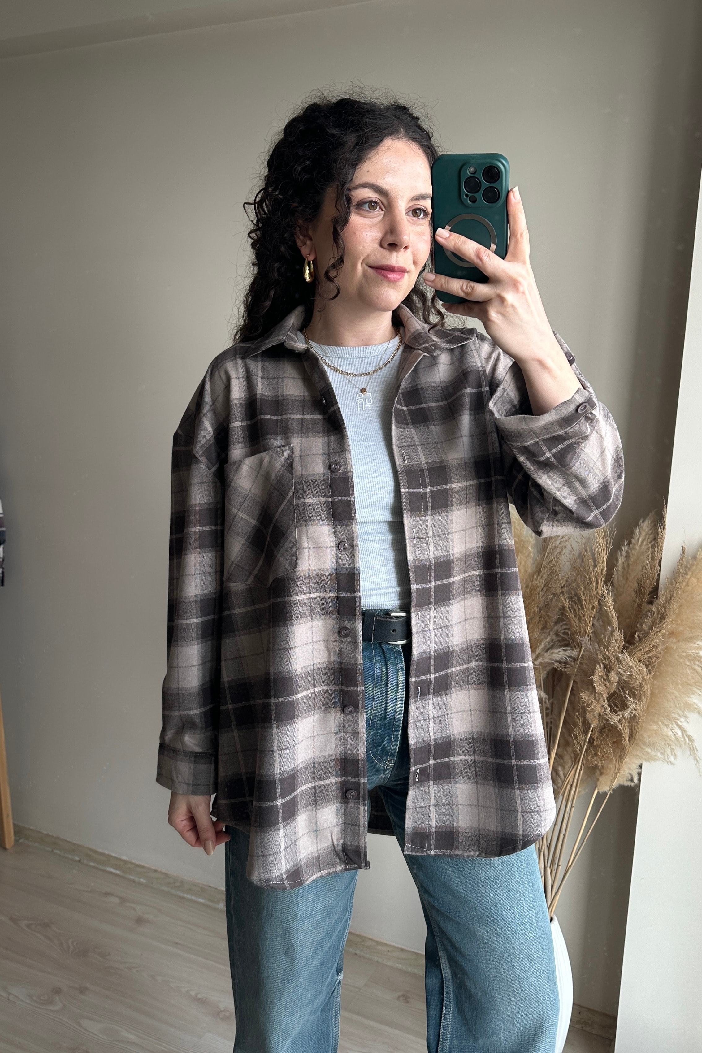 Ekose Oversize Gömlek - %100 Pamuk - Kahverengi