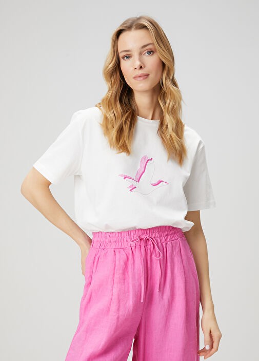 Kuş Baskılı %100 Pamuk Tshirt - Pembe