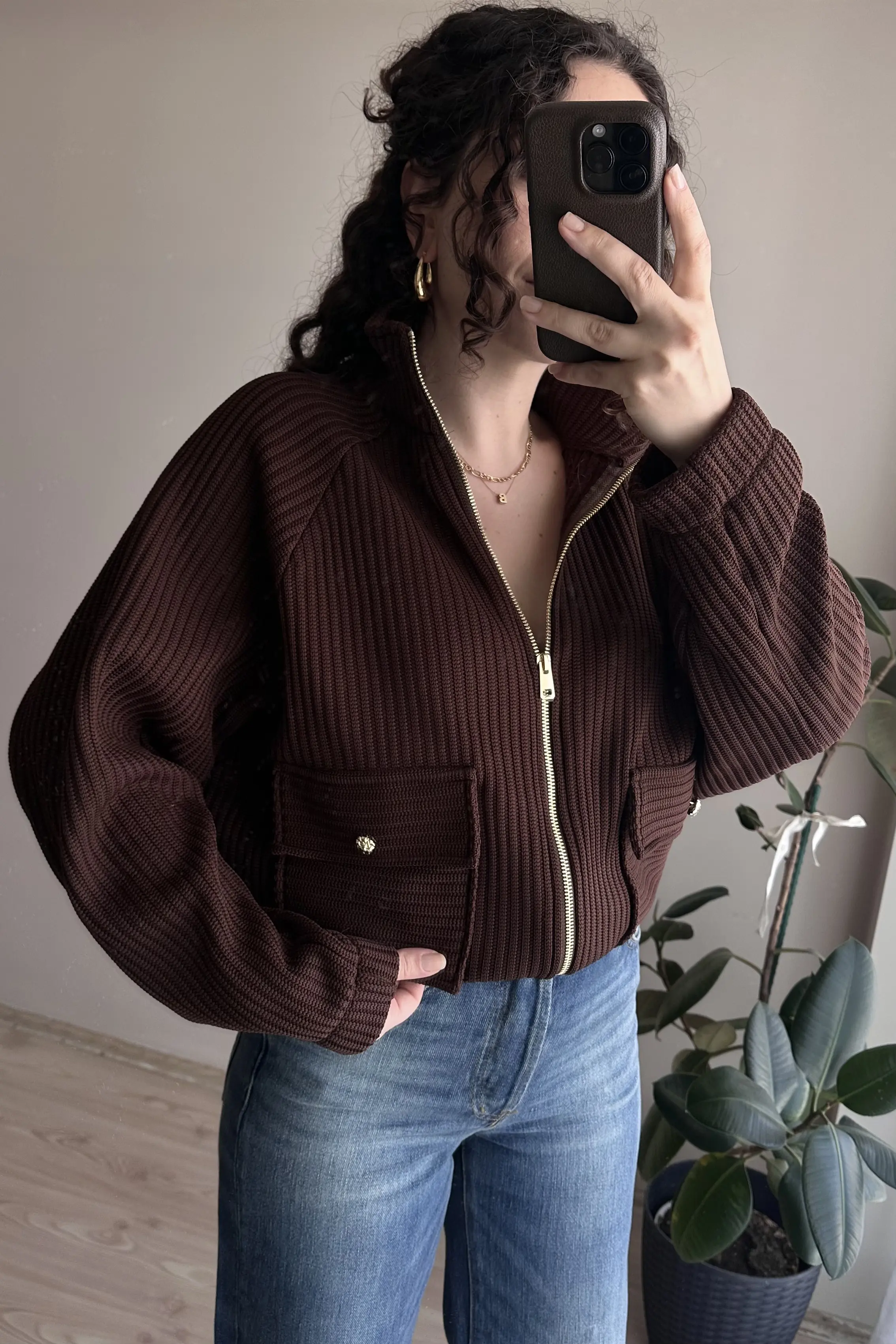 ZR Gold Detaylı Triko Ceket - Kahverengi