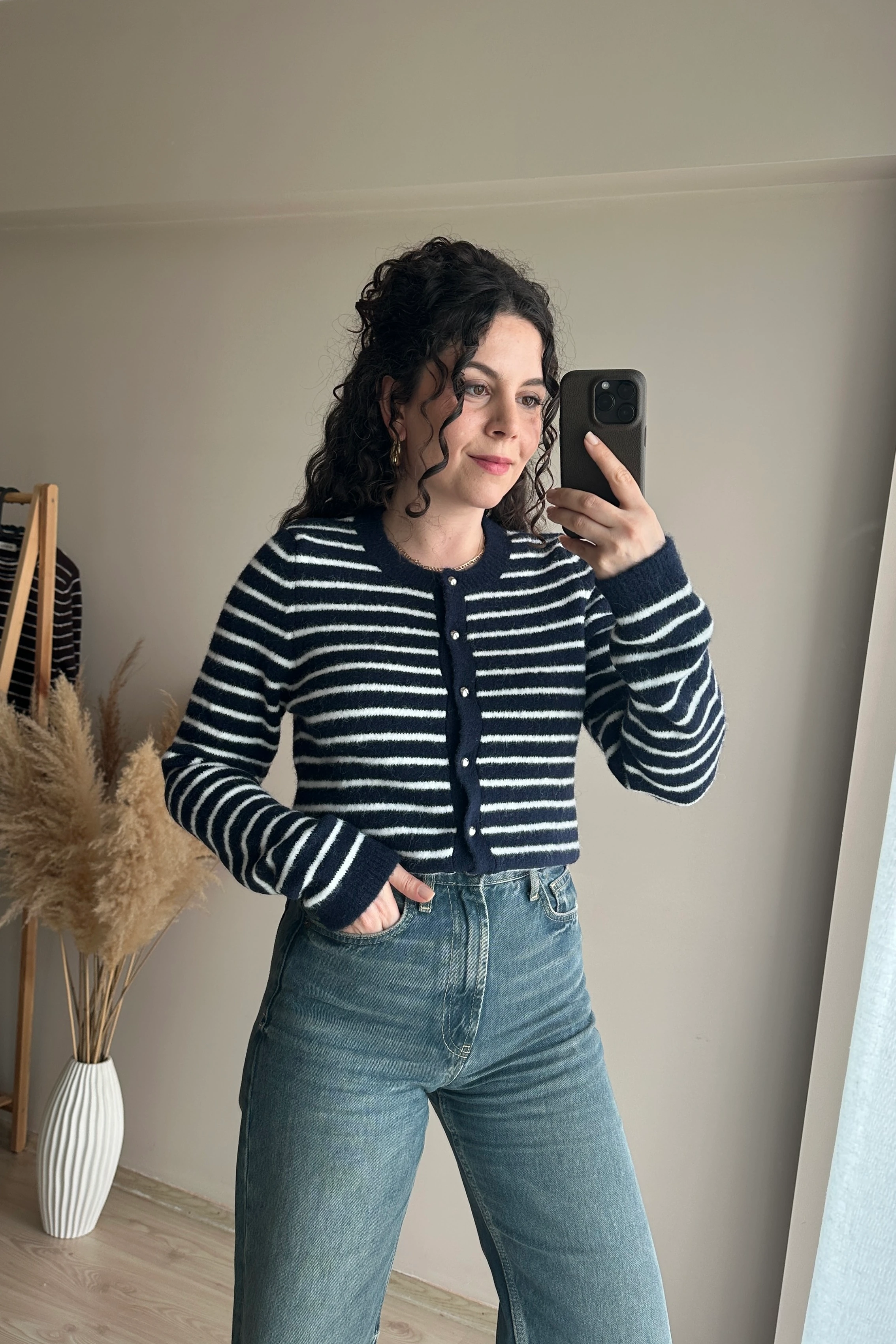 Metal Düğmeli Çizgili Hırka - Lacivert