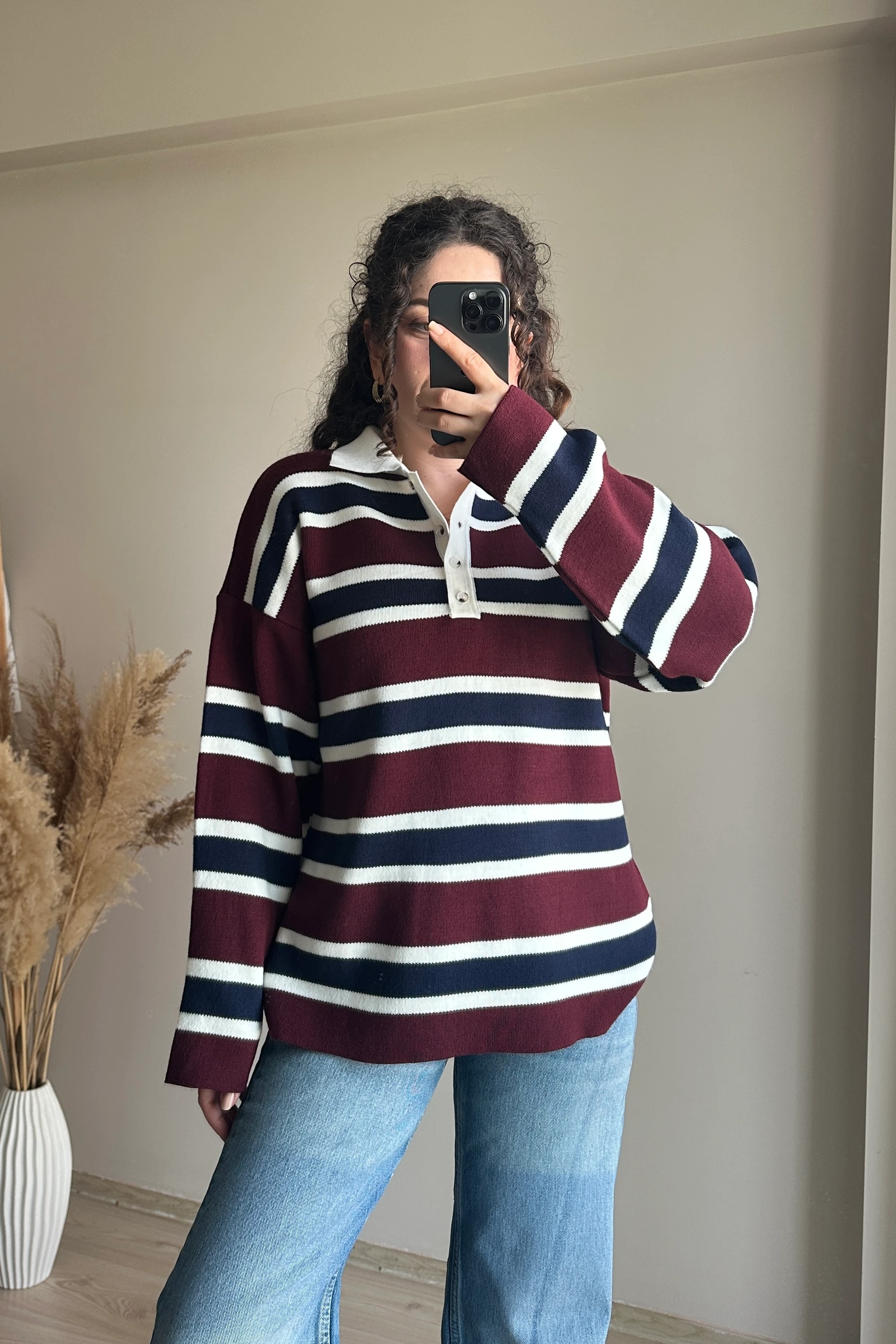 Kalın Çizgili Polo Yaka Kazak