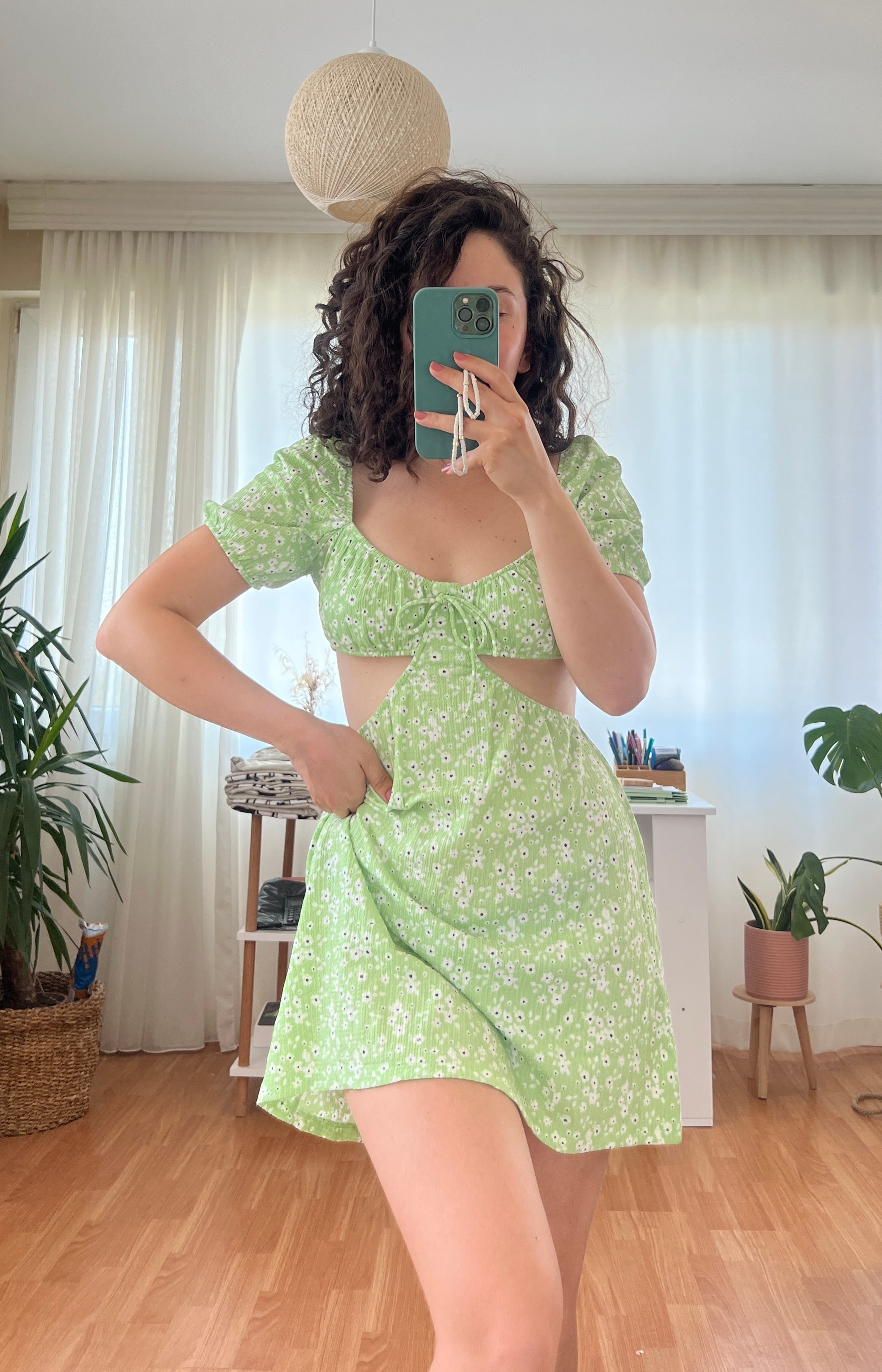 BRSHK Çiçekli Viskon Elbise - Yeşil