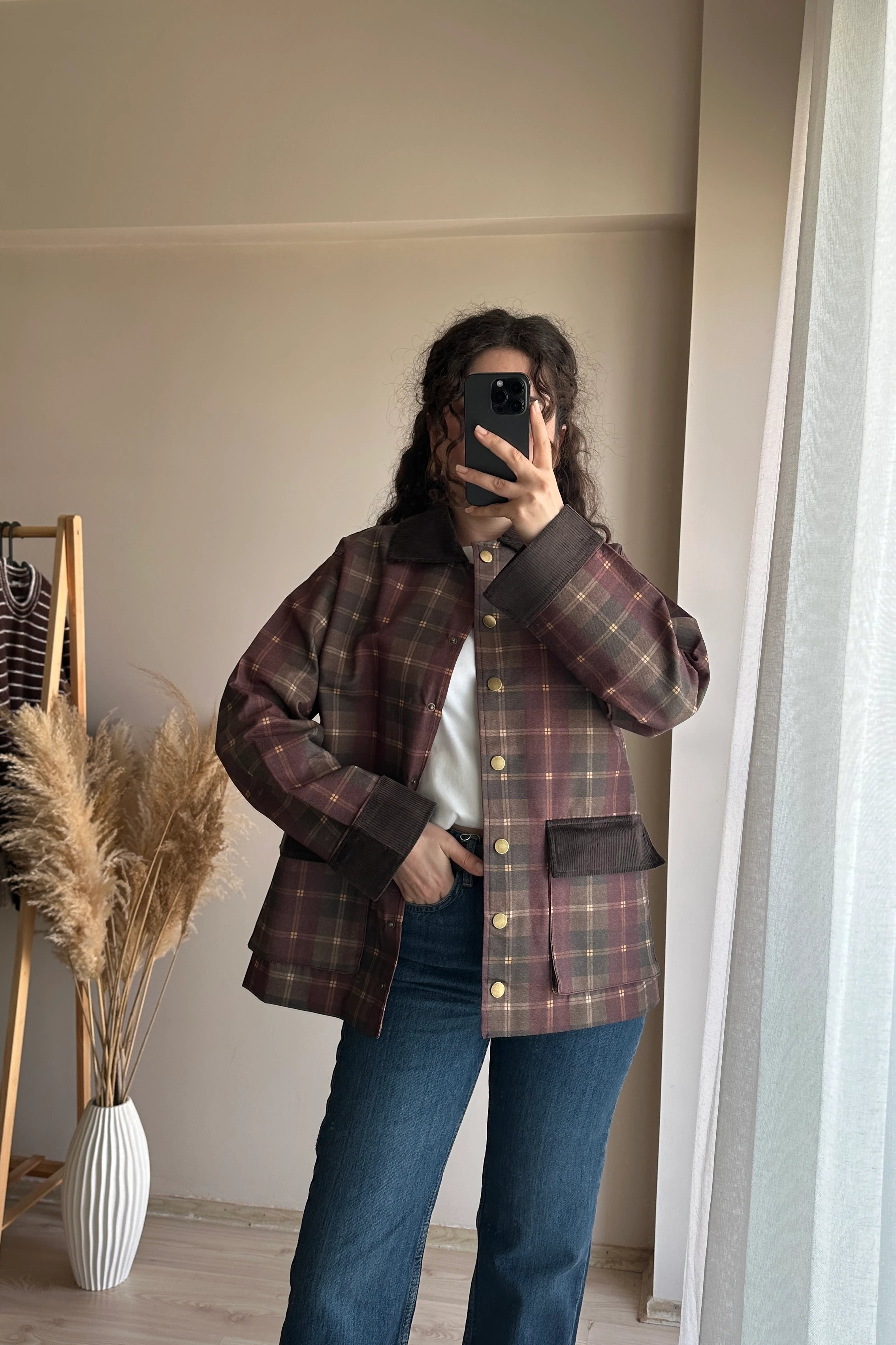 Kadife Detaylı Ekose Ceket - Bordo