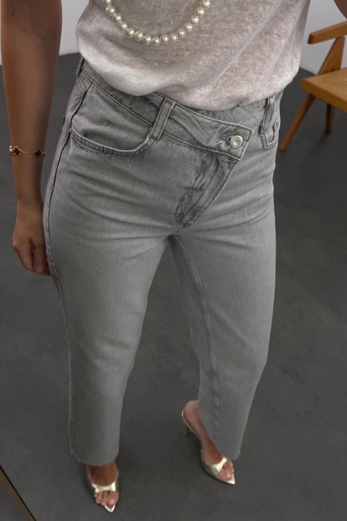 ZR Z09 Çapraz Bel Straight Fit Jean - Gri