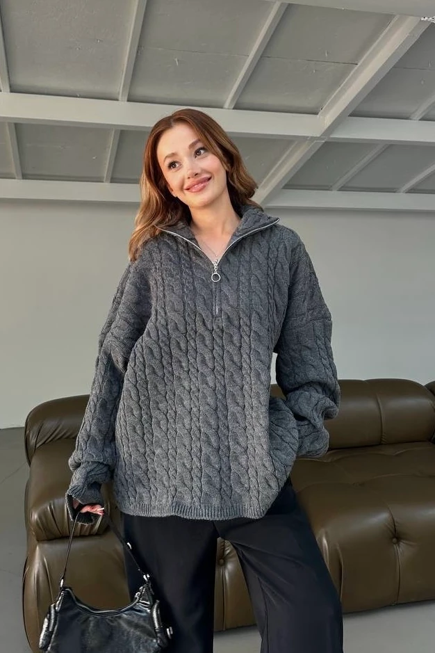 Yarım Fermuarlı Saç Örgü Oversize Kazak