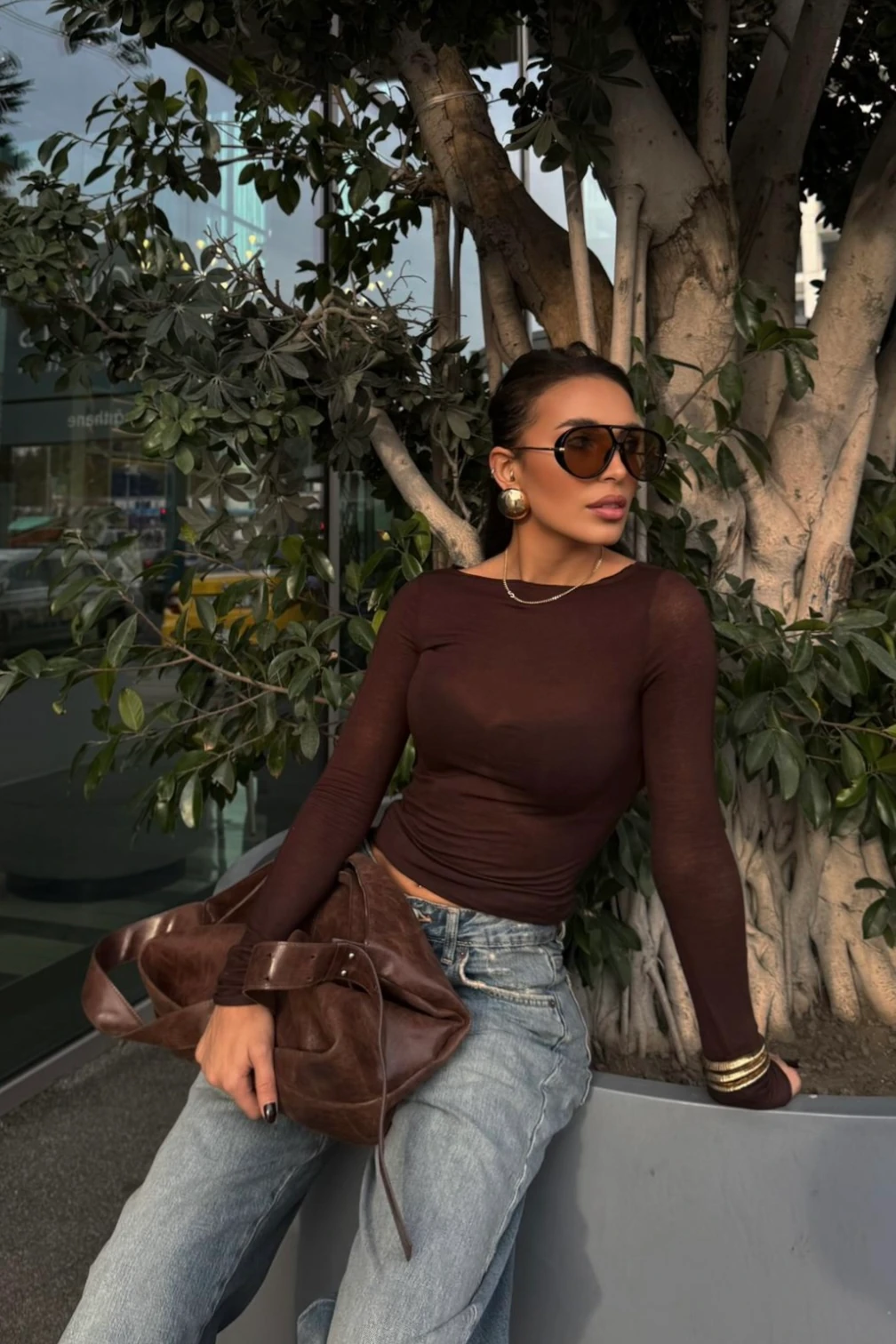 Transparan Bluz - Kahverengi