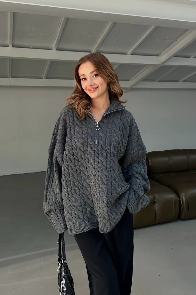 Yarım Fermuarlı Saç Örgü Oversize Kazak