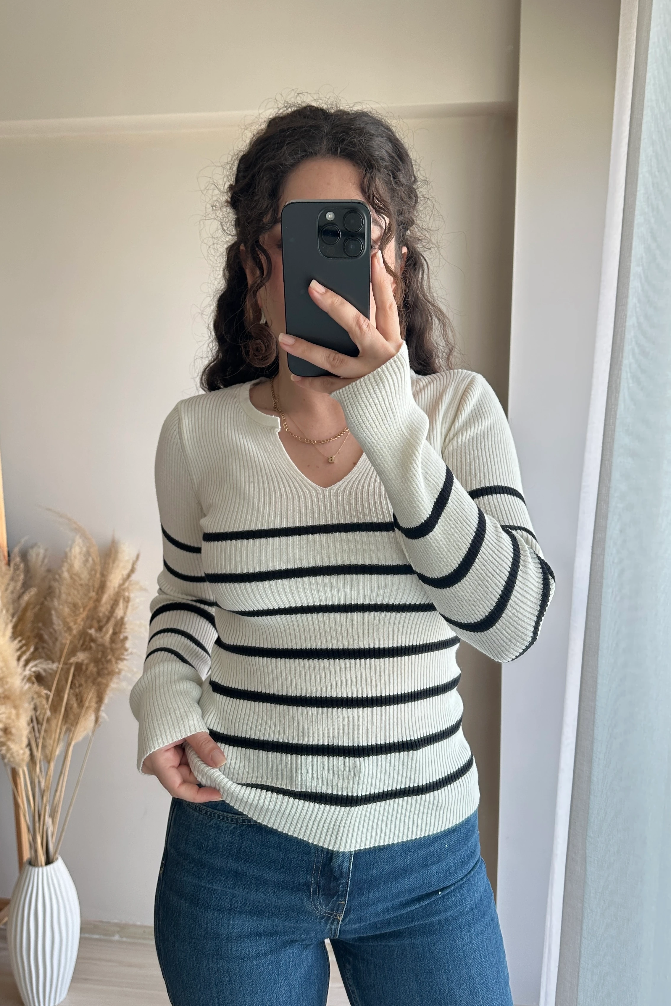 ZR V yaka Çizgili Triko Bluz