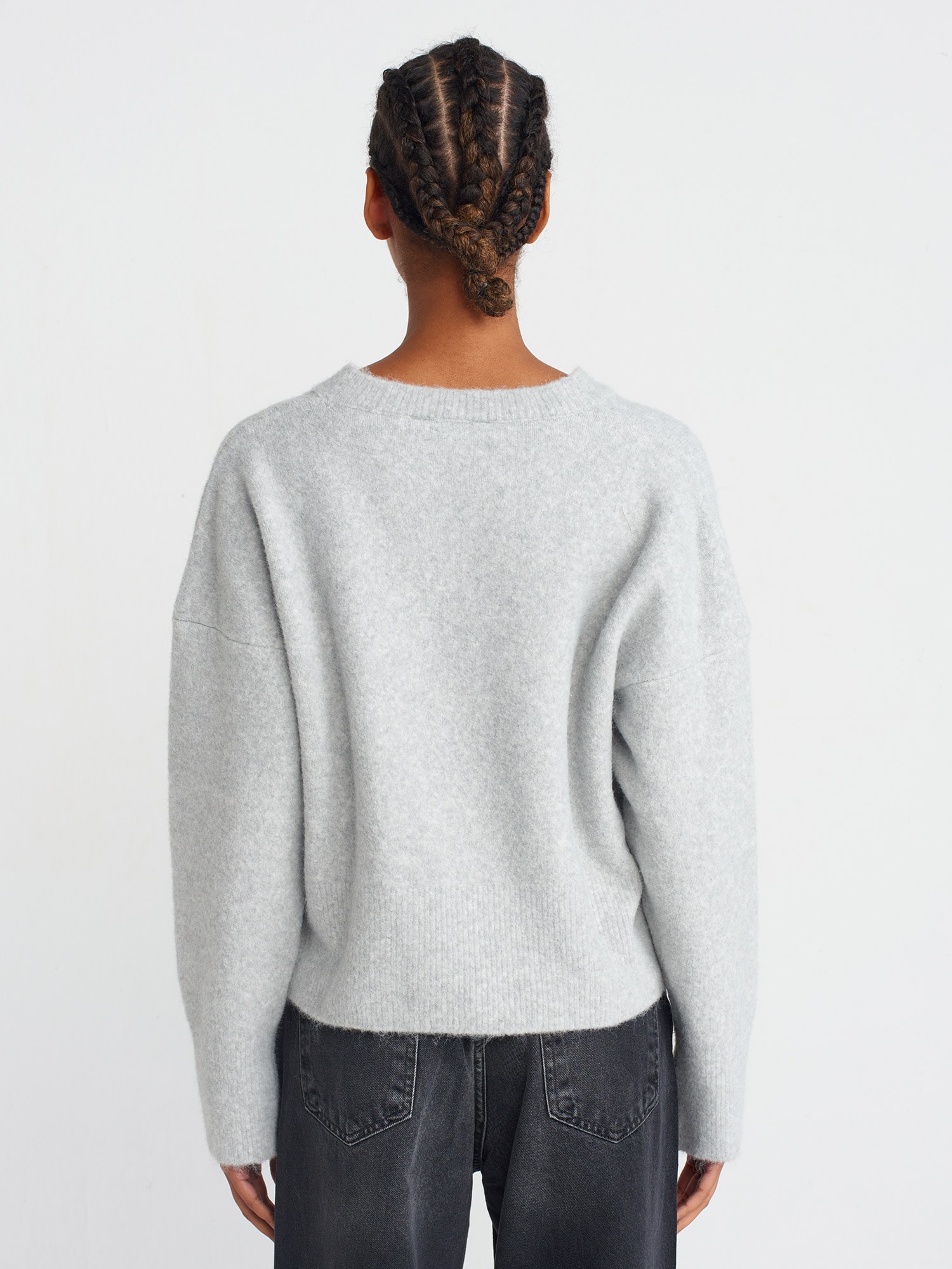 Mona V Yaka Yumuşak Dokulu Triko Kazak - Gri