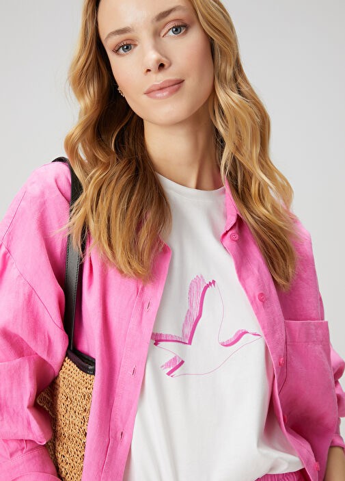Kuş Baskılı %100 Pamuk Tshirt - Pembe
