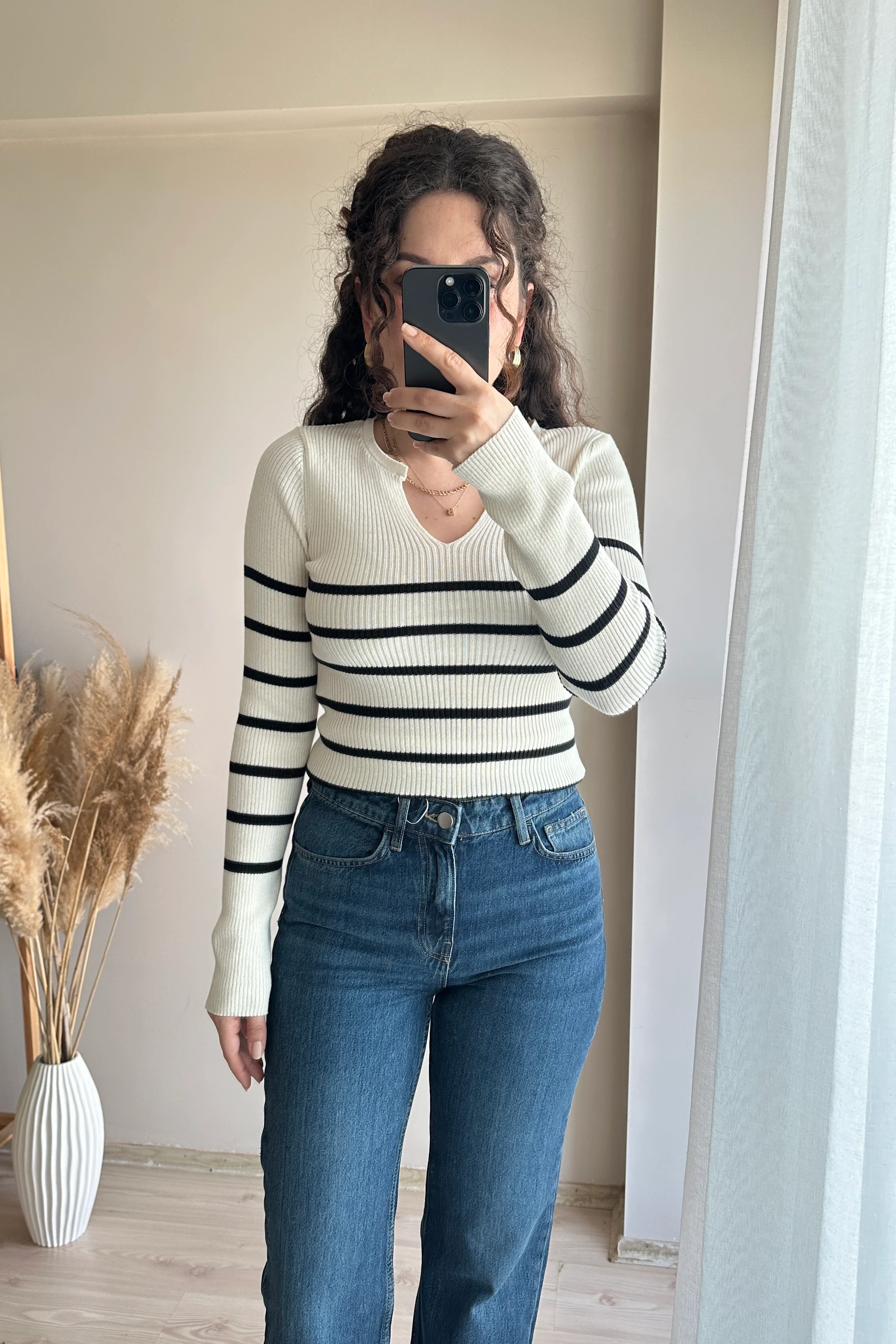 ZR V yaka Çizgili Triko Bluz