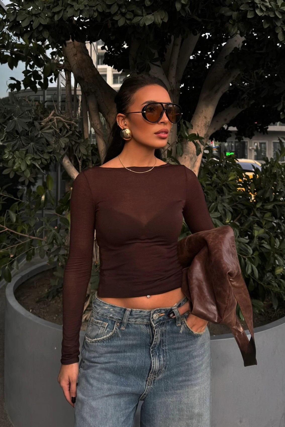 Transparan Bluz - Kahverengi