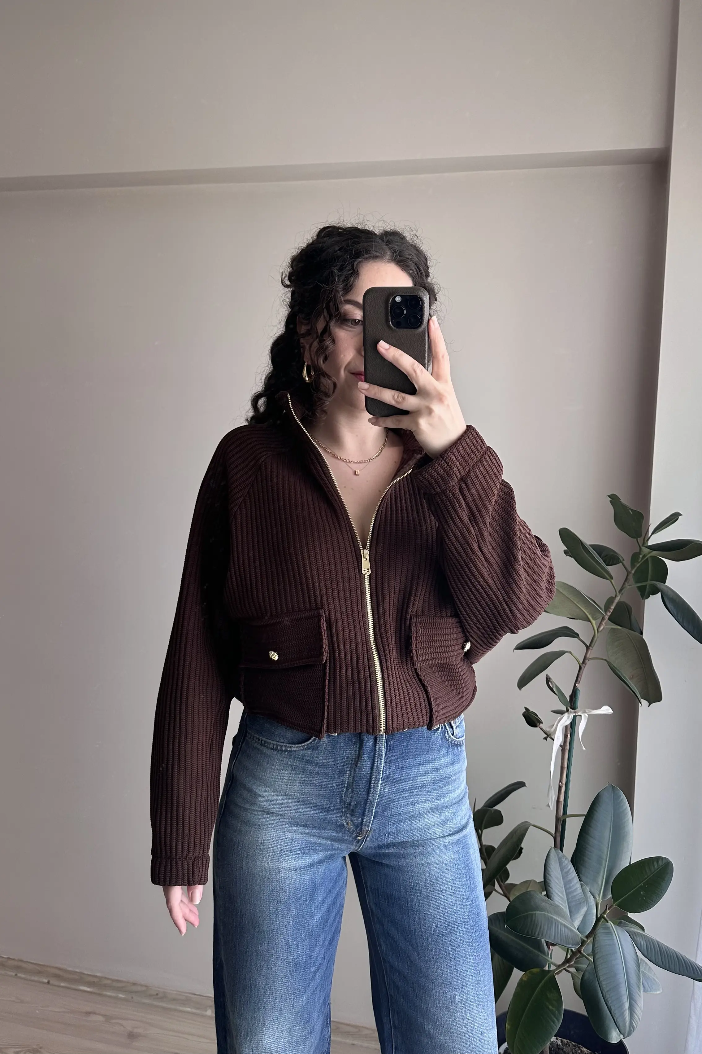 ZR Gold Detaylı Triko Ceket - Kahverengi